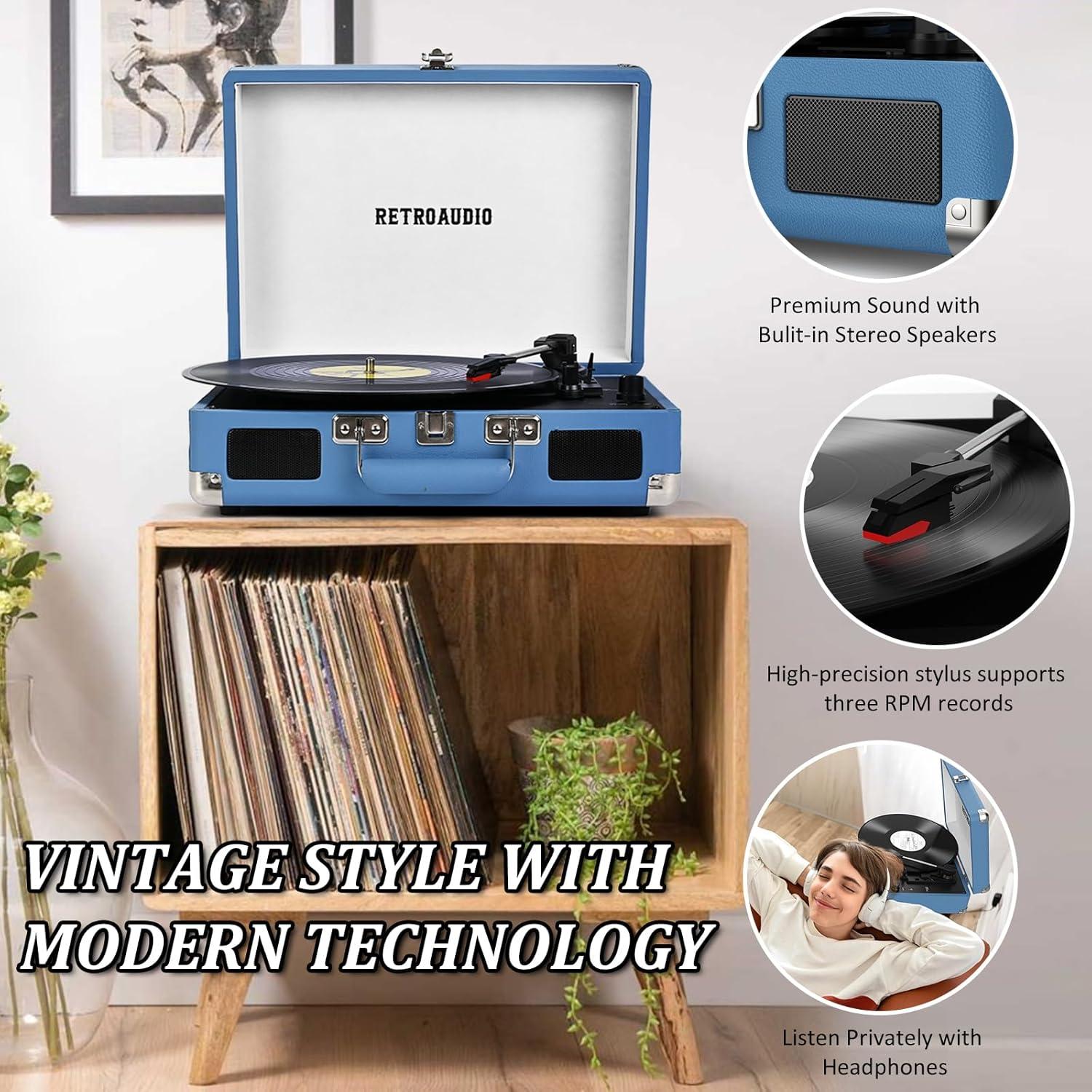 Reproductor de Vinilo Bluetooth RetroAudio Azul 3 Velocidades
