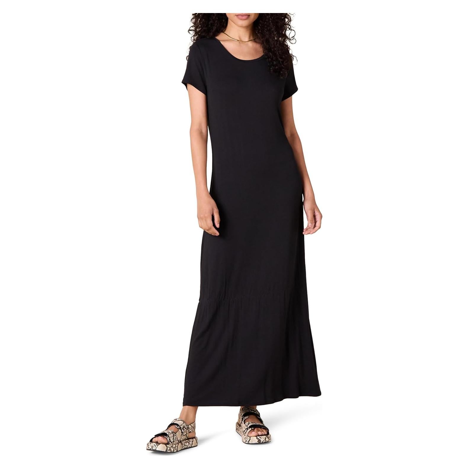 Vestido Maxi de Manga Corta Amazon Essentials Mujer Negro