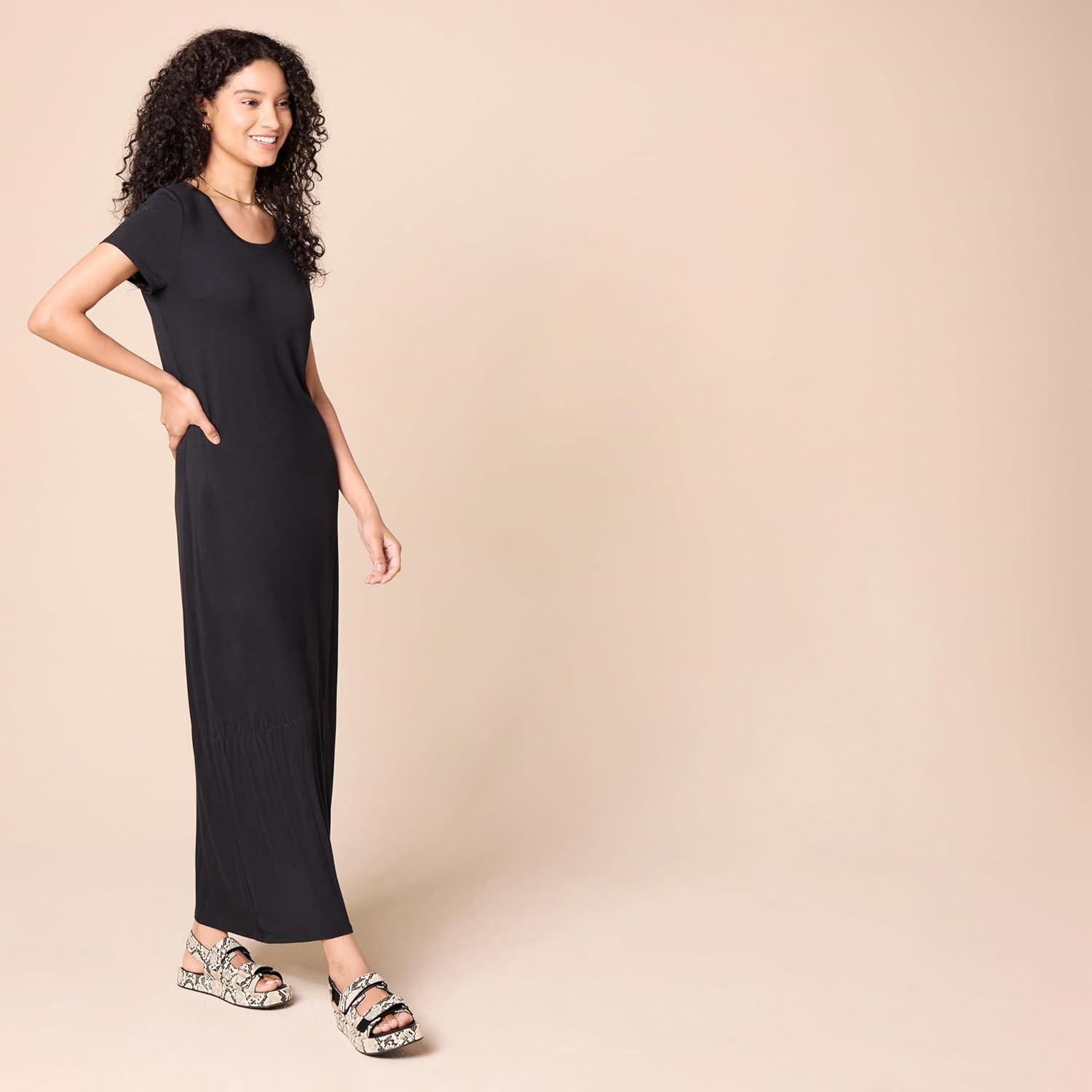 Vestido Maxi de Manga Corta Amazon Essentials Mujer Negro