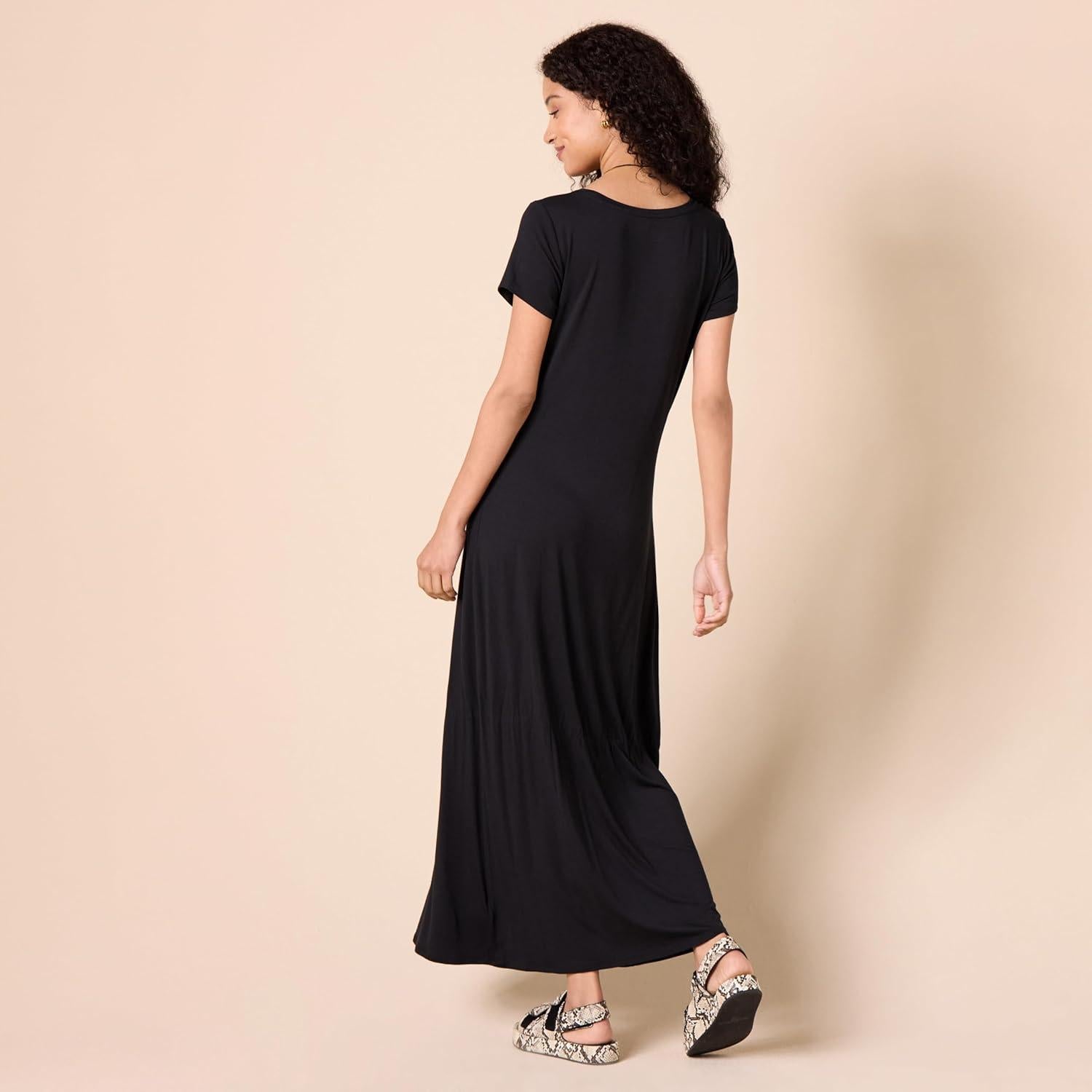 Vestido Maxi de Manga Corta Amazon Essentials Mujer Negro