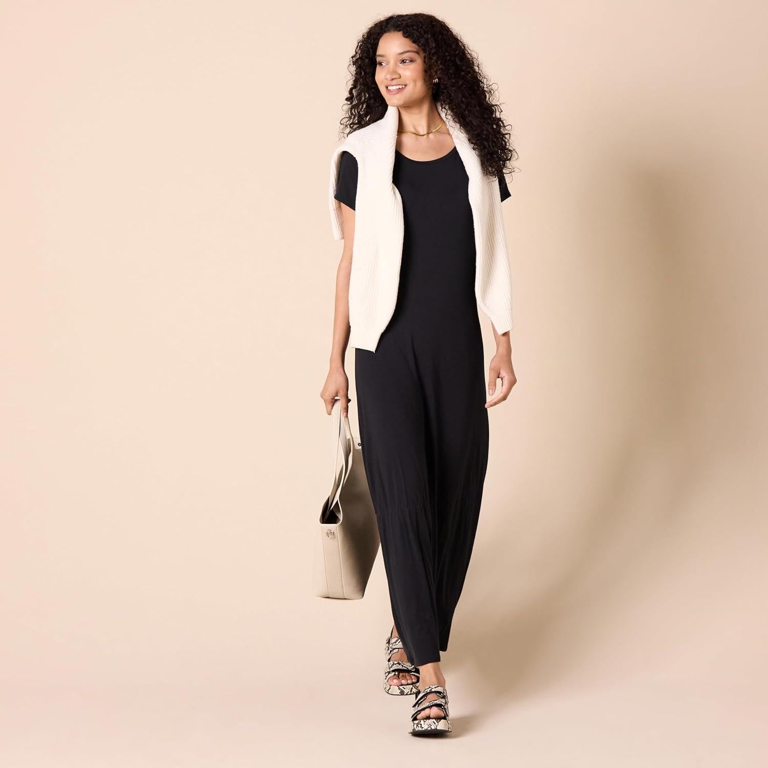 Vestido Maxi de Manga Corta Amazon Essentials Mujer Negro