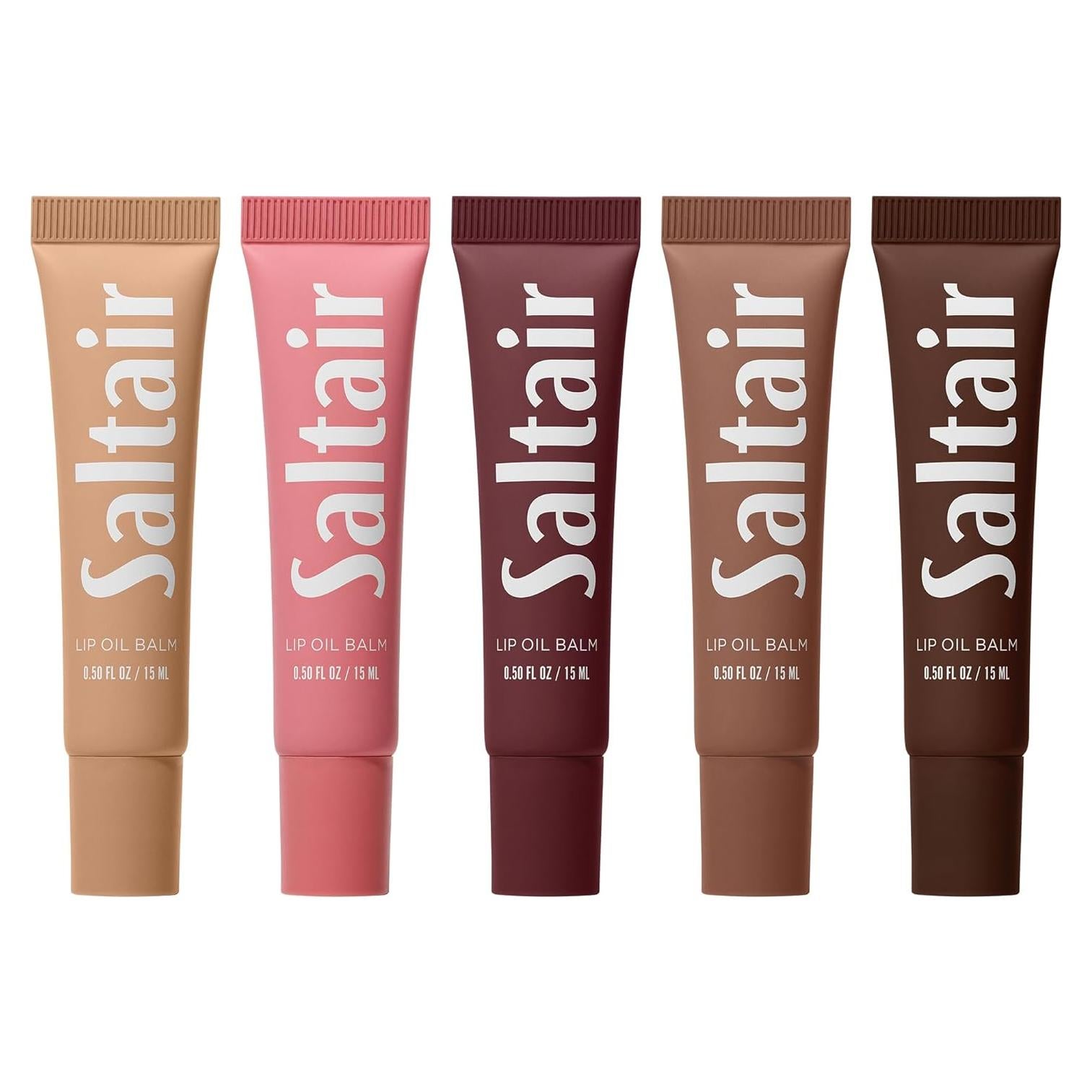 Saltair Hydrating Lip Oil Balm, Clear and Tinted Lip Gloss, Essentials Shades 5-Pack. Moisturizing Vegan Conditioning for Dry Cracked Lips with Glossy High-Shine Finish. Coconut Vanilla Flavor