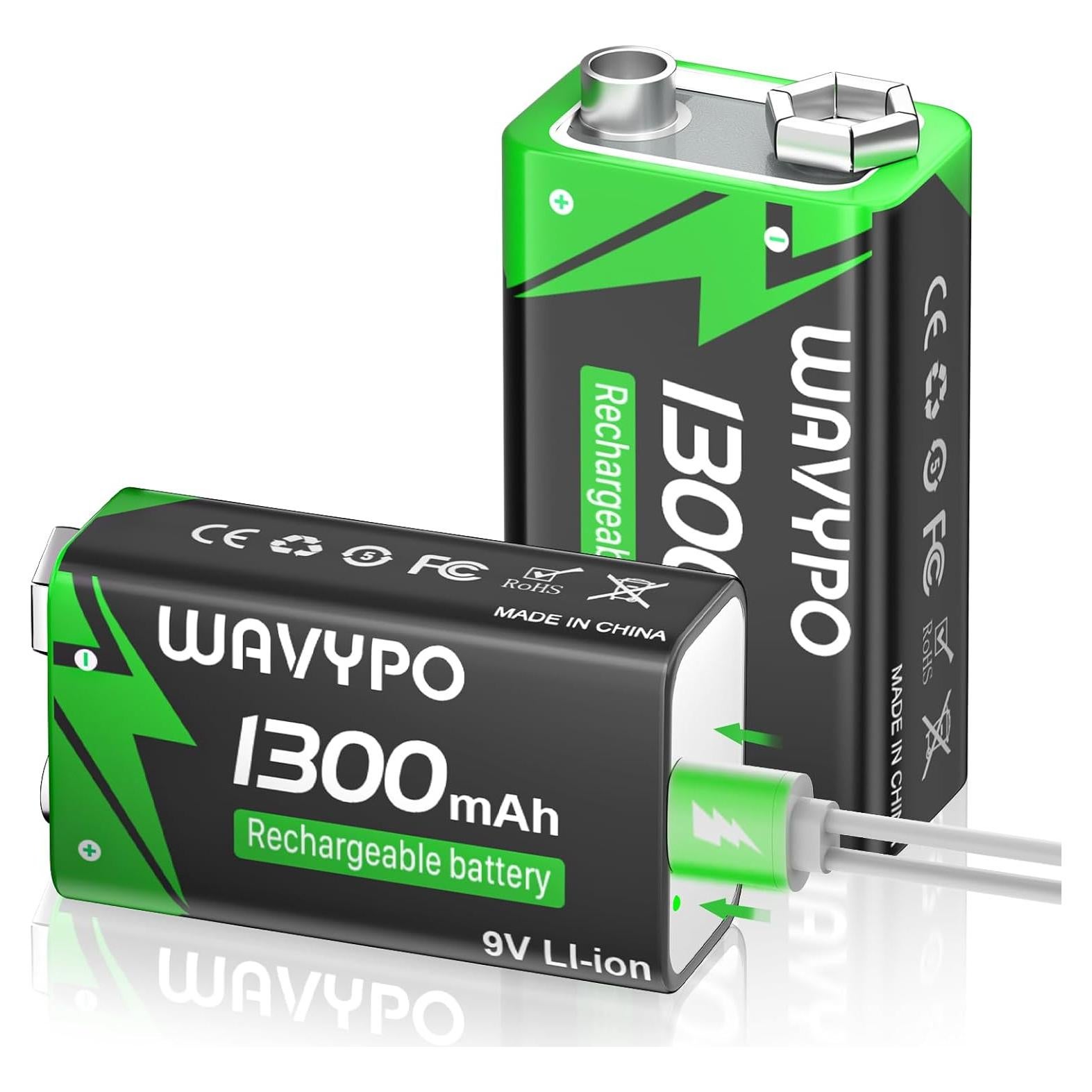 Paquete de 2 Baterías Recargables 9V Wavypo 1300mAh USB-C