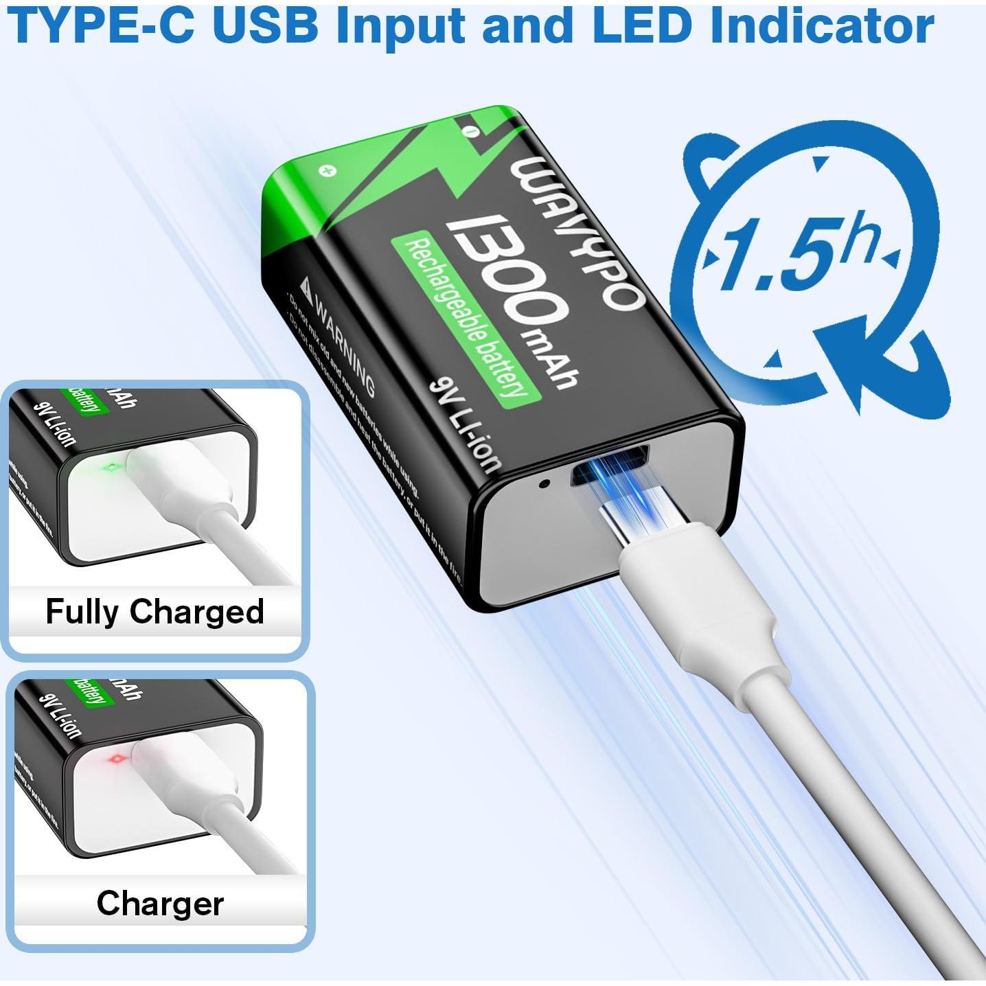 Paquete de 2 Baterías Recargables 9V Wavypo 1300mAh USB-C