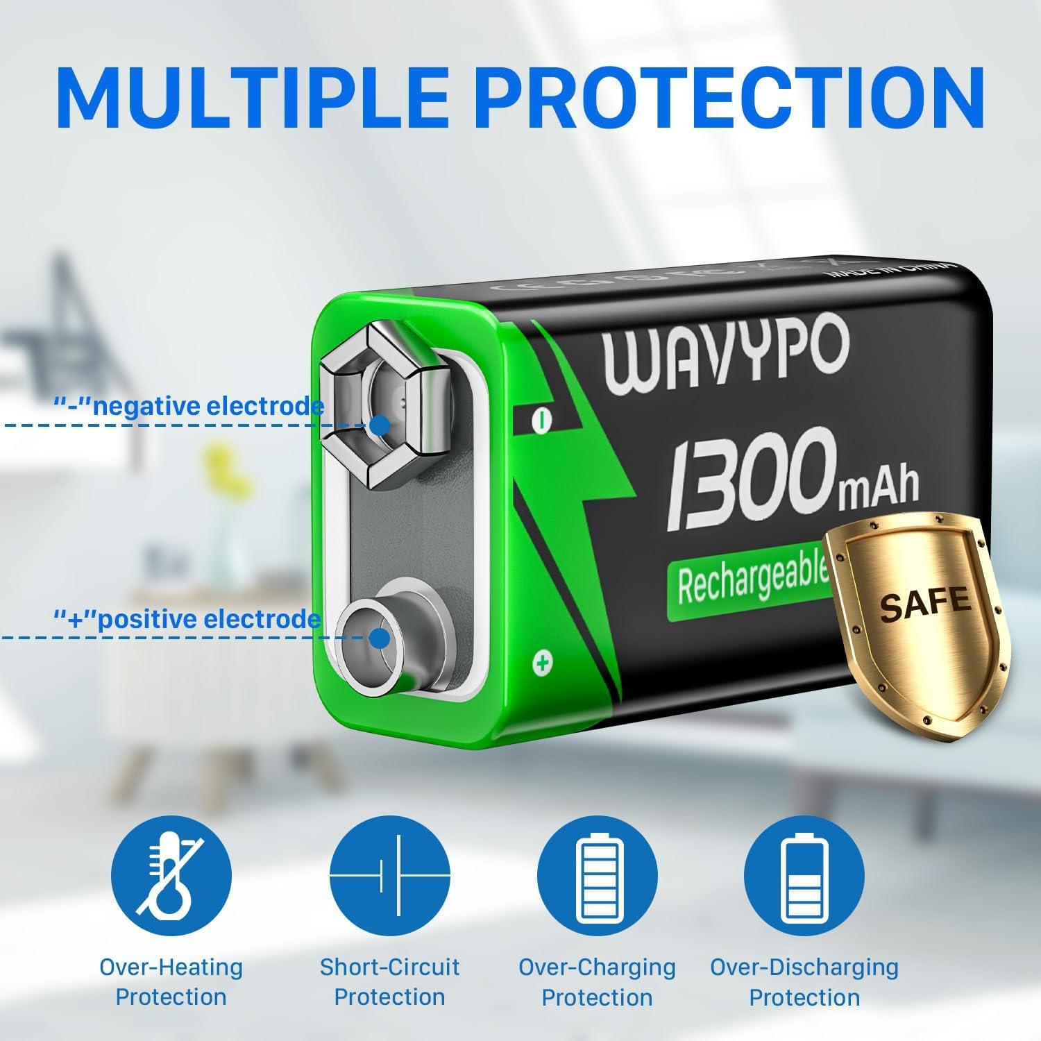 Paquete de 2 Baterías Recargables 9V Wavypo 1300mAh USB-C