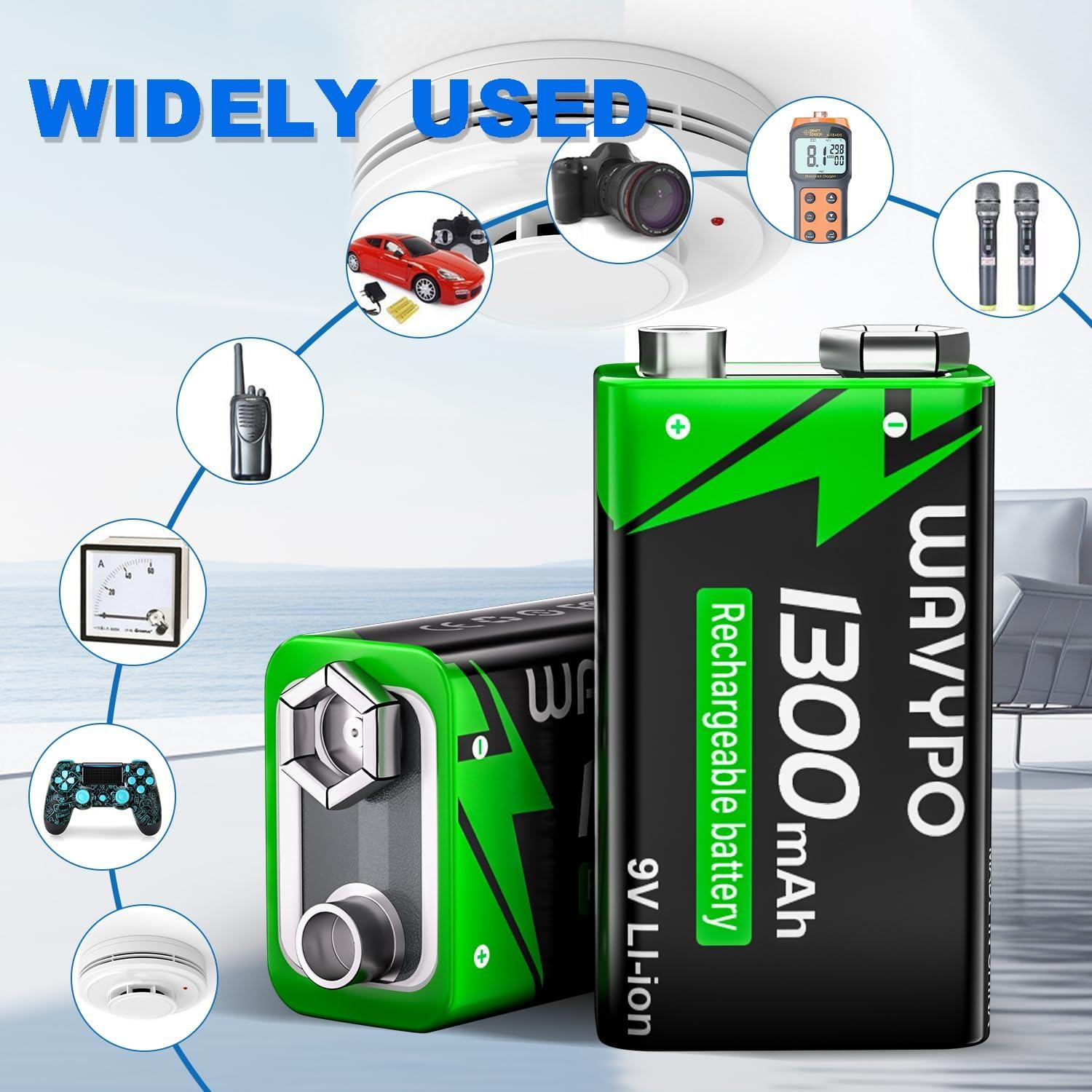 Paquete de 2 Baterías Recargables 9V Wavypo 1300mAh USB-C