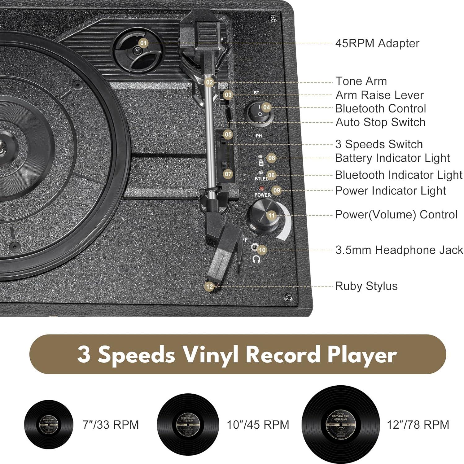 Reproductor de Vinilo Portátil GOLDSHIP T316 Bluetooth 3 Velocidades