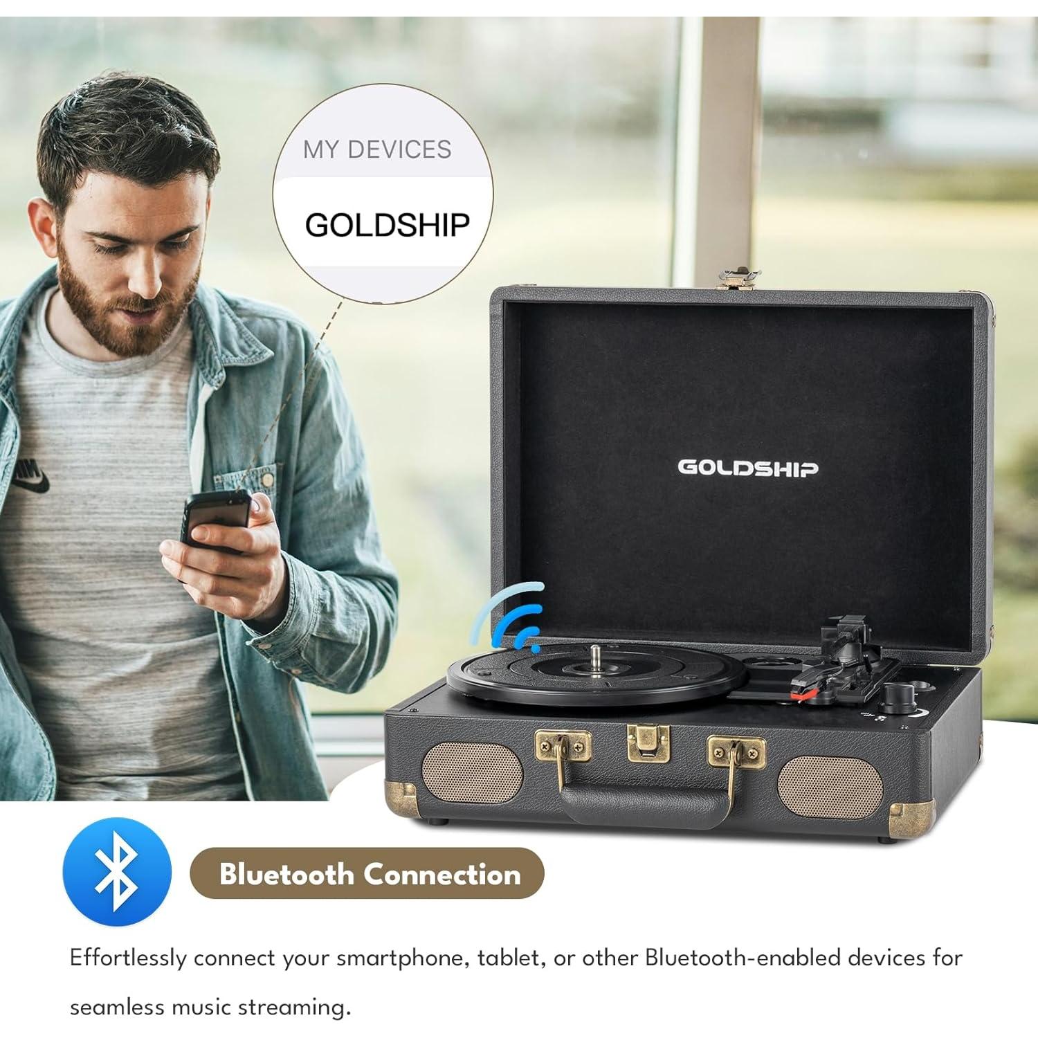 Reproductor de Vinilo Portátil GOLDSHIP T316 Bluetooth 3 Velocidades