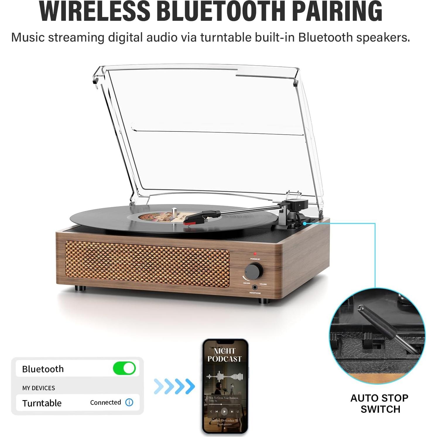 Reproductor de Vinilo Bluetooth FEKTIK M49-1Wood 3 Velocidades
