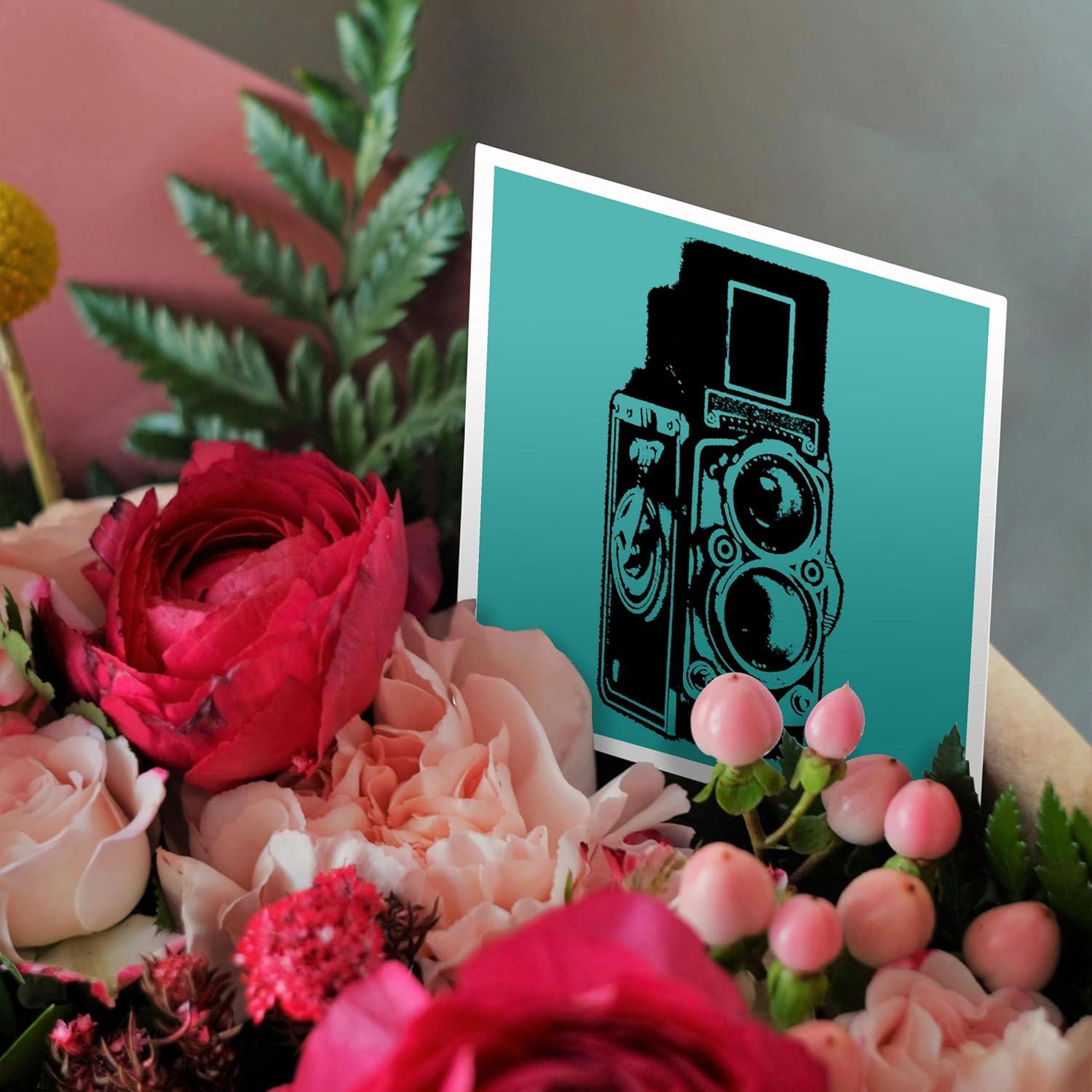 3dRose Greeting Card - Picture of a Vintage Twin Lens reflex TLR camera on cyan - KIKE CALVO vintage camera collection
