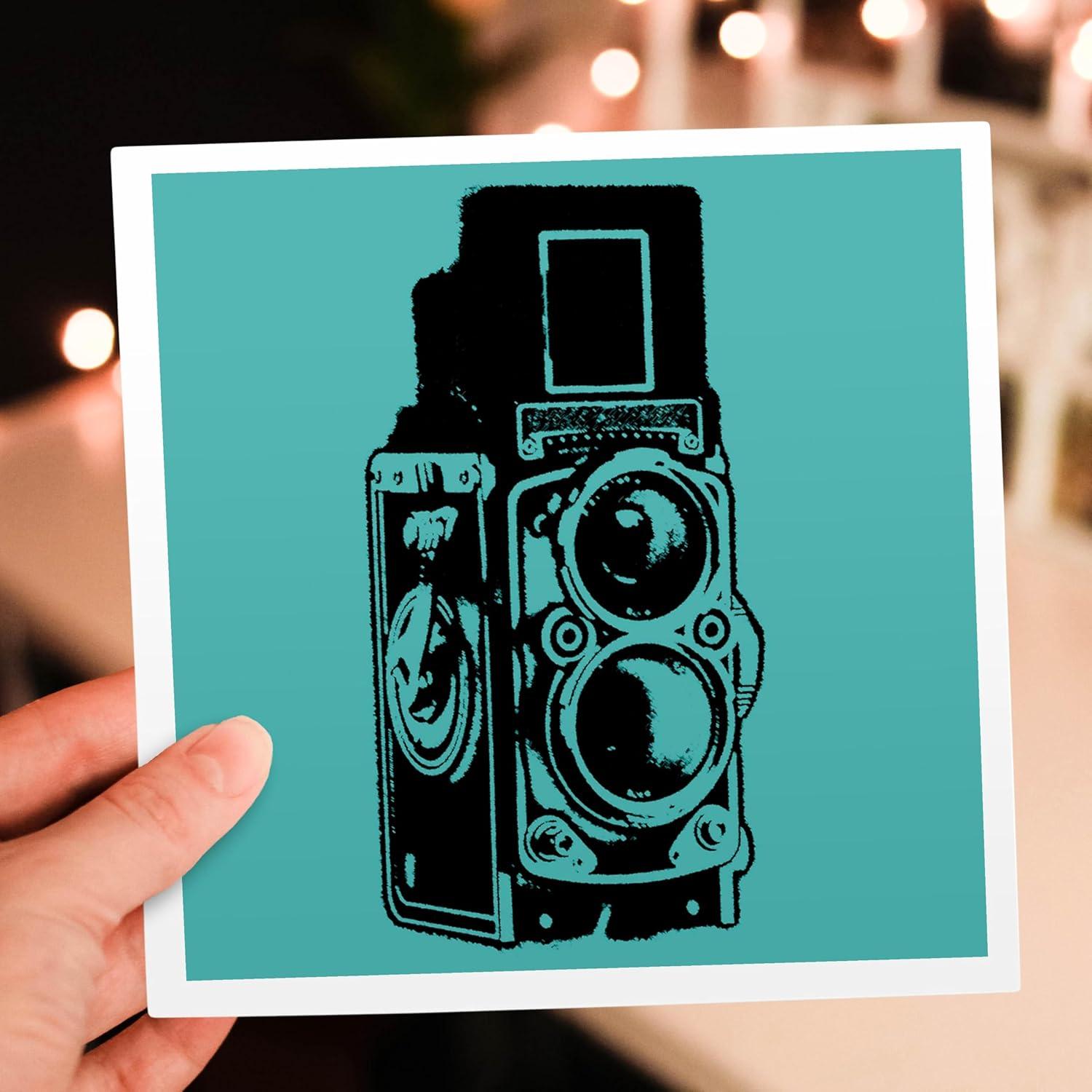 3dRose Greeting Card - Picture of a Vintage Twin Lens reflex TLR camera on cyan - KIKE CALVO vintage camera collection