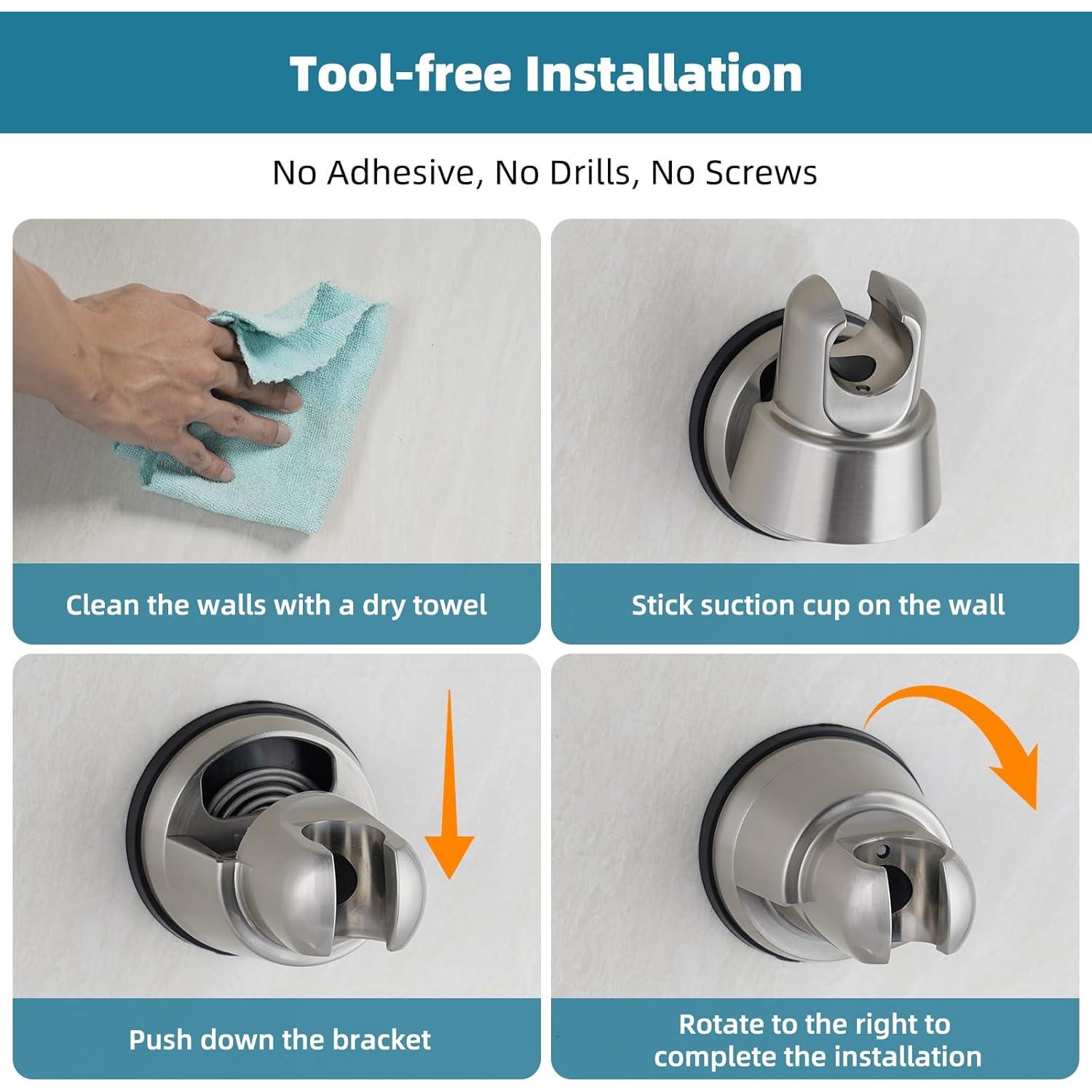 Soporte de Ducha con Ventosa iFealClear, Niquel Cepillado, Ajustable