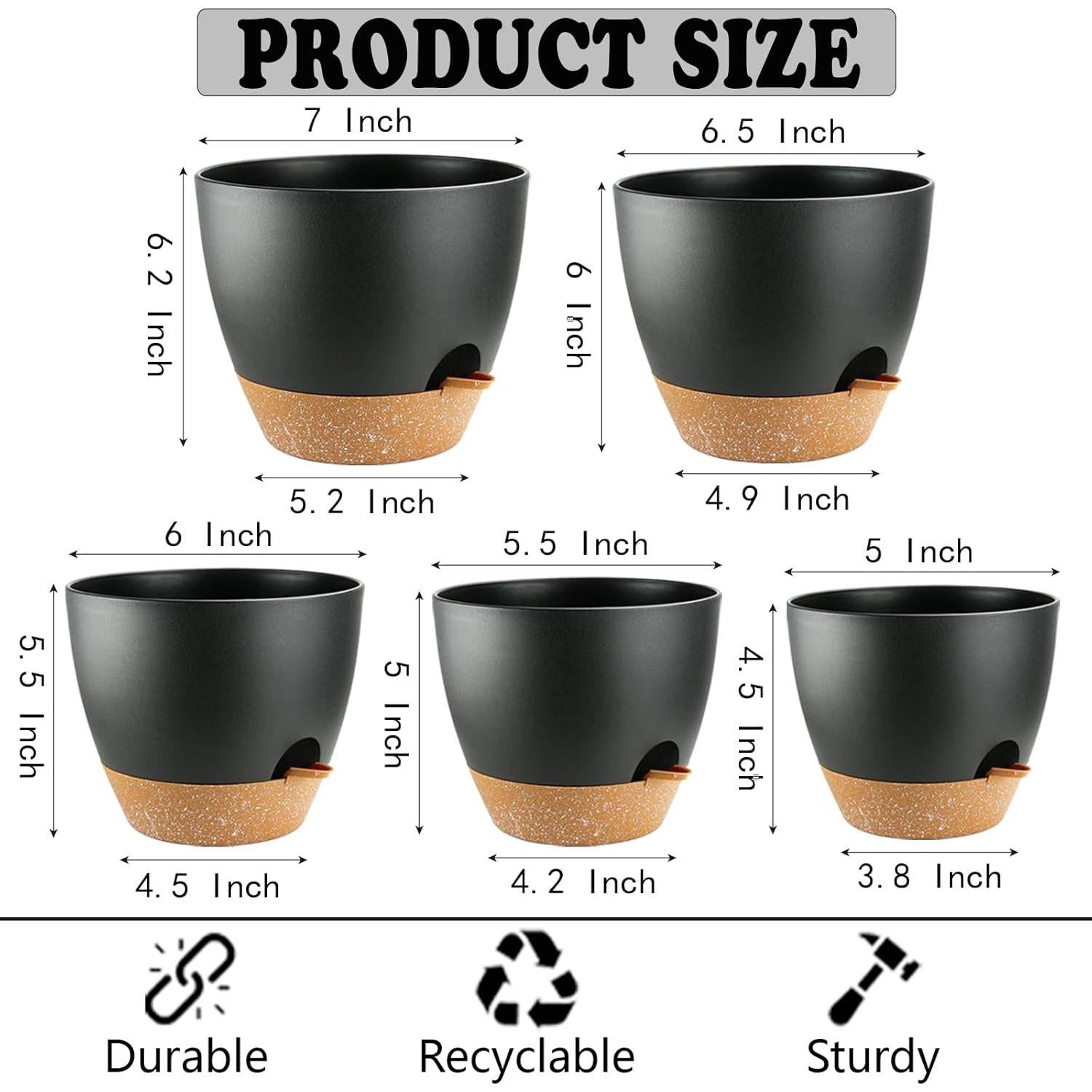 Macetas Autorriego SUN-E 5pcs Set Plástico Negro 17.78-12.7cm