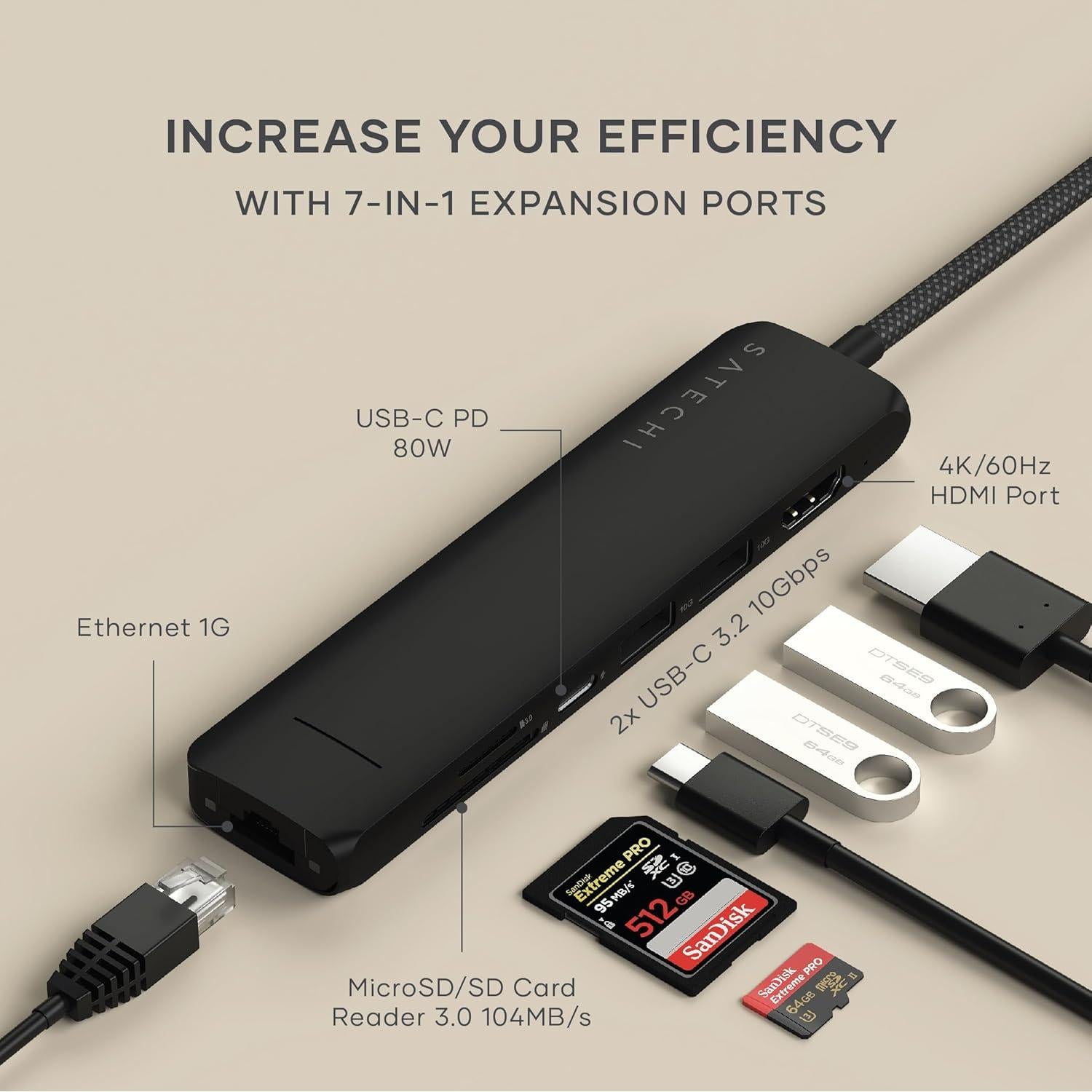 Hub Multiport USB-C Satechi 7 en 1 con HDMI 4K, Ethernet y Carga 100W