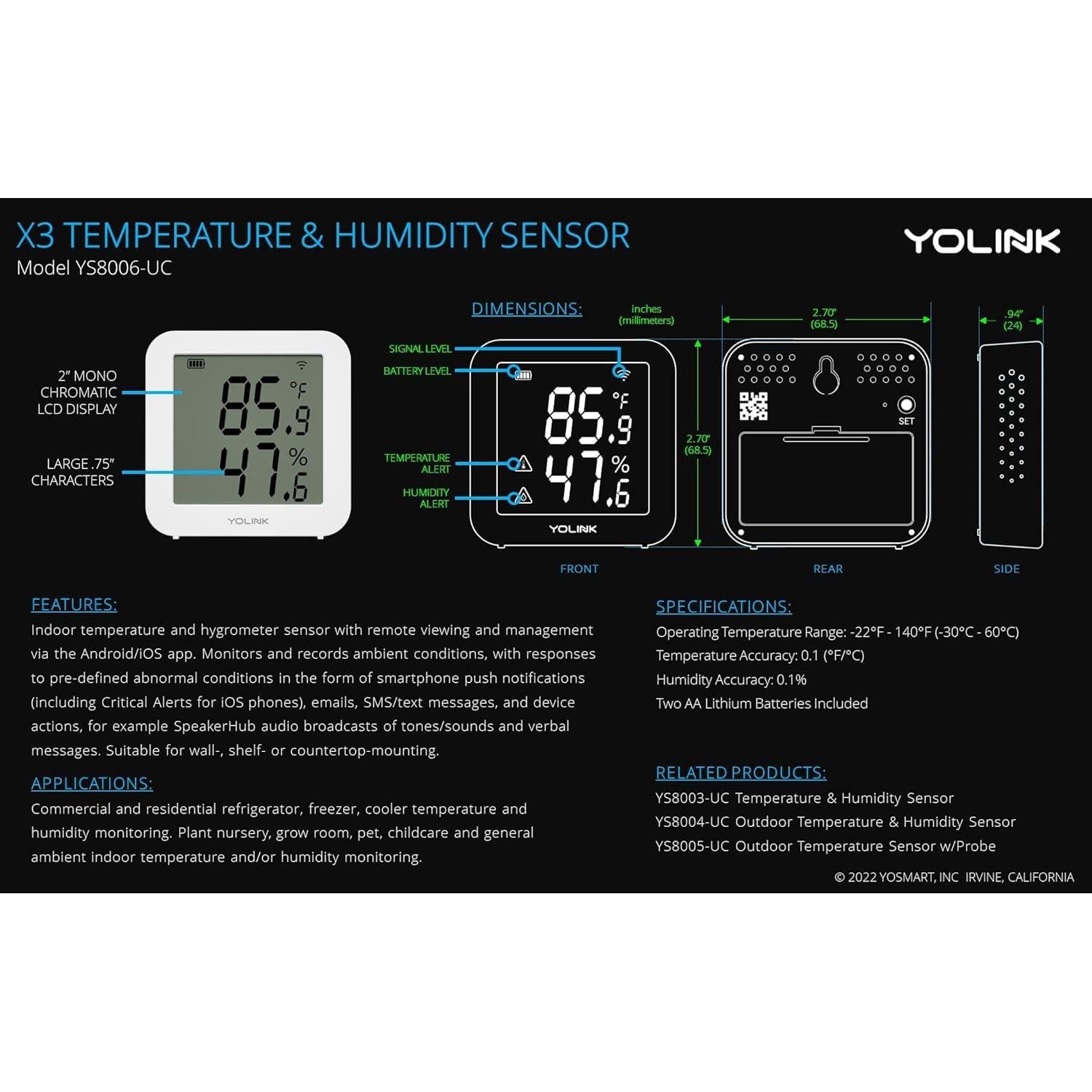 Sensor de Temperatura y Humedad YoLink X3 - Sin Hub, 100g