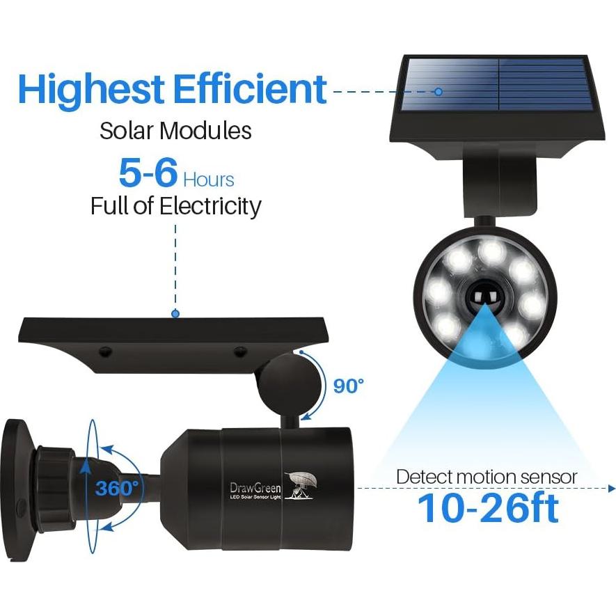 Luces de Movimiento Solar DrawGreen 1400LM Aluminio Negro