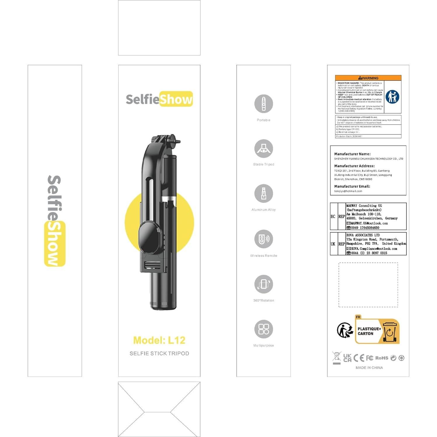 Trípode para Selfie SelfieShow L12 Negro, Extensible 106 cm