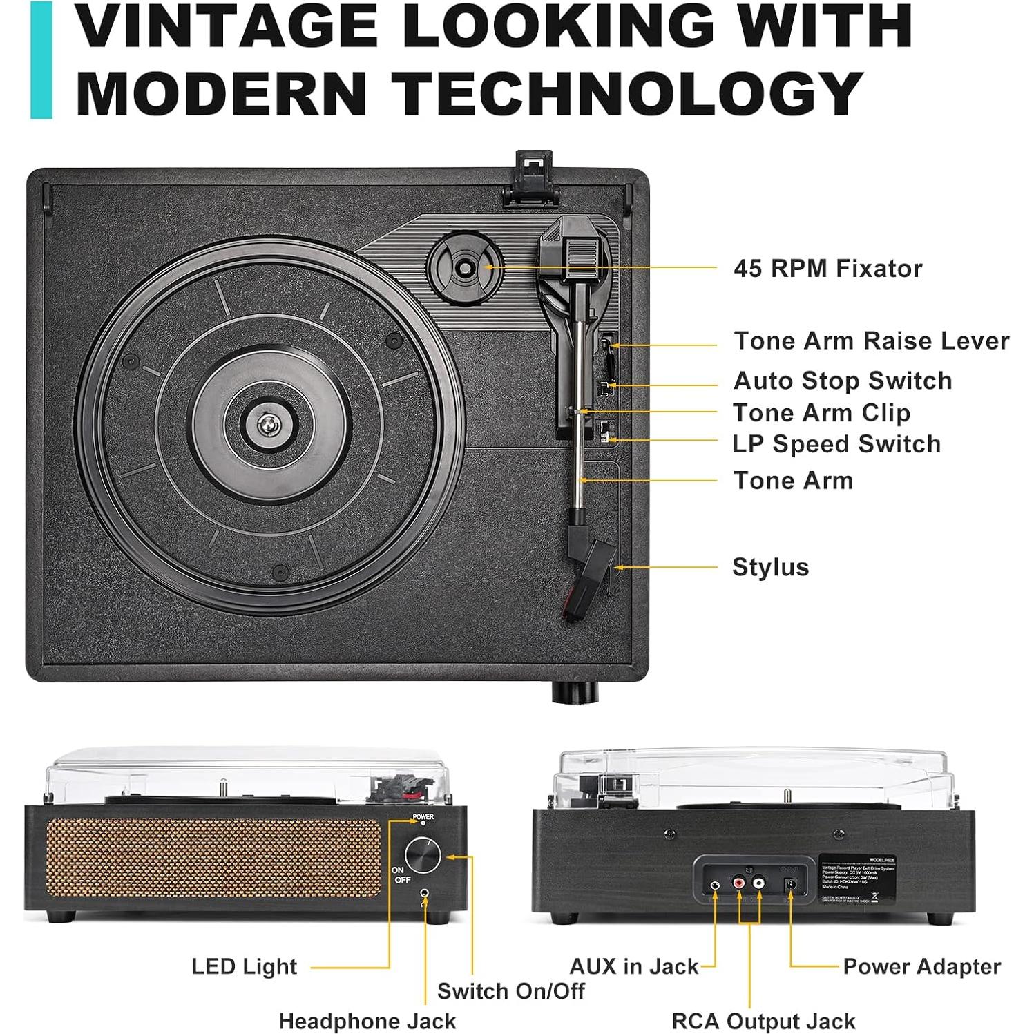 Tocadiscos de Vinilo WOCKODER R608 Retro Bluetooth 3 Velocidades