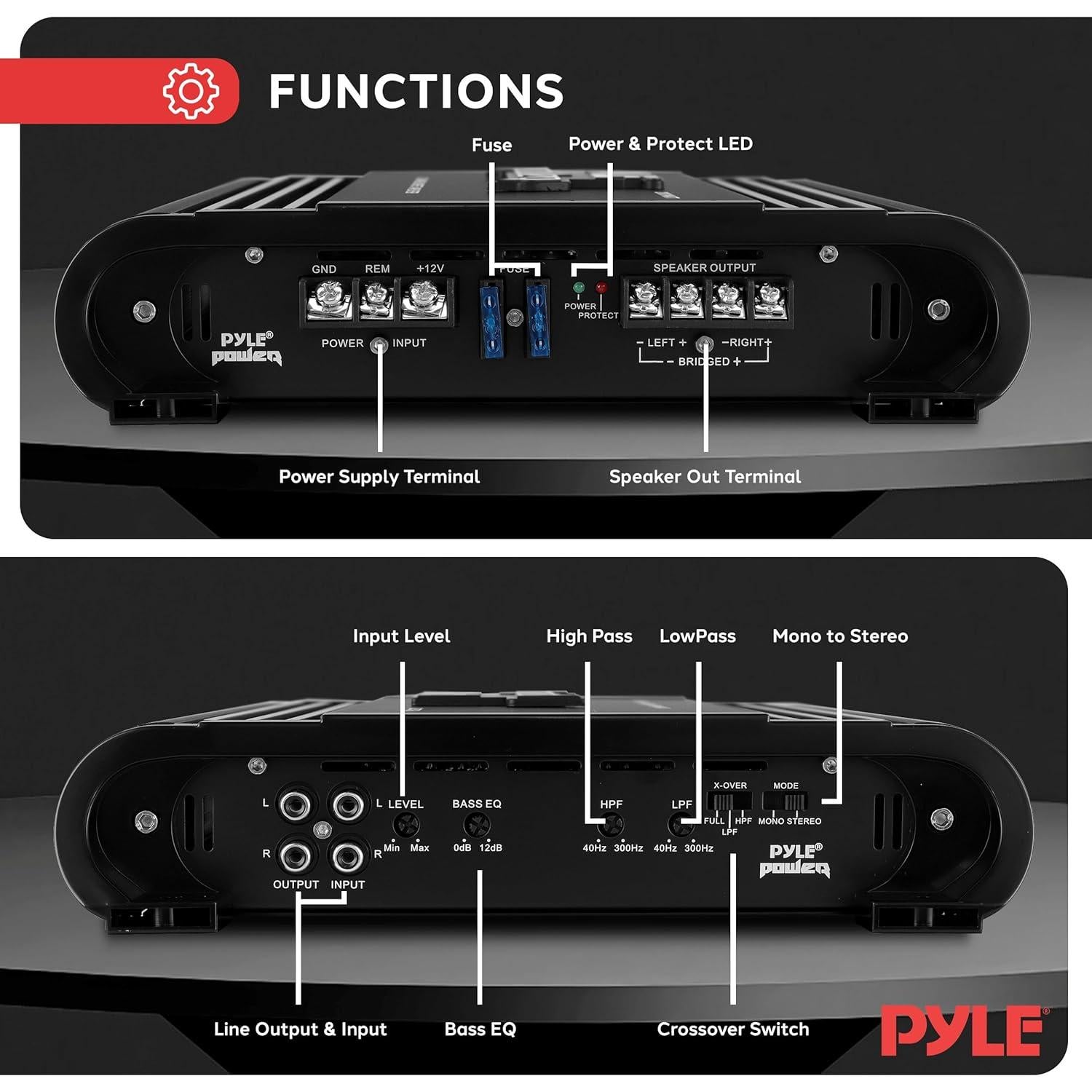 Pyle 2 Channel Car Stereo Amplifier - 2000W High Power Dual Channel Bridgeable Audio Sound Auto Small Speaker Amp Box w/ MOSFET, Crossover, Bass Boost Control, Silver Plated RCA Input Output-PLA2378