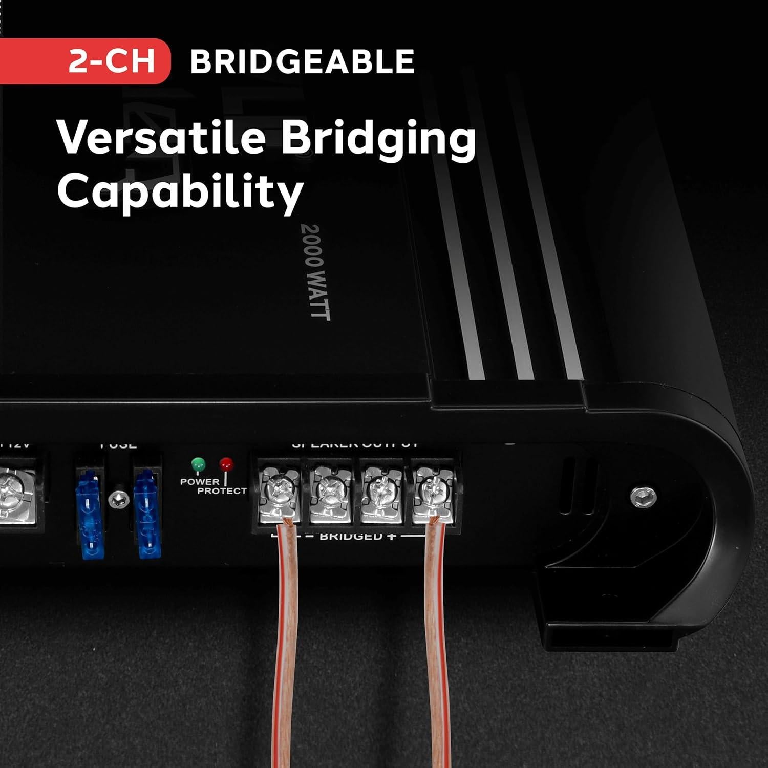 Pyle 2 Channel Car Stereo Amplifier - 2000W High Power Dual Channel Bridgeable Audio Sound Auto Small Speaker Amp Box w/ MOSFET, Crossover, Bass Boost Control, Silver Plated RCA Input Output-PLA2378