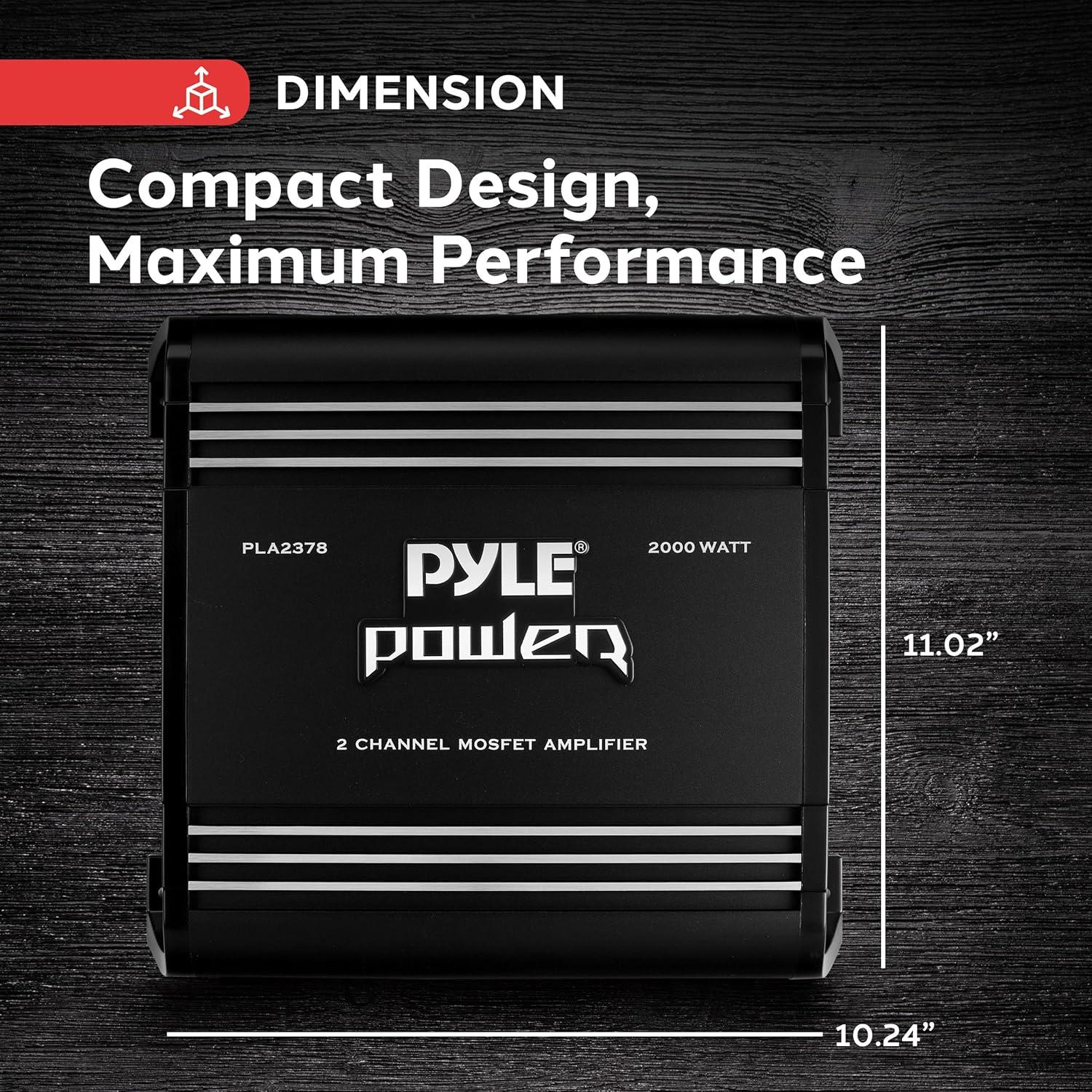 Pyle 2 Channel Car Stereo Amplifier - 2000W High Power Dual Channel Bridgeable Audio Sound Auto Small Speaker Amp Box w/ MOSFET, Crossover, Bass Boost Control, Silver Plated RCA Input Output-PLA2378