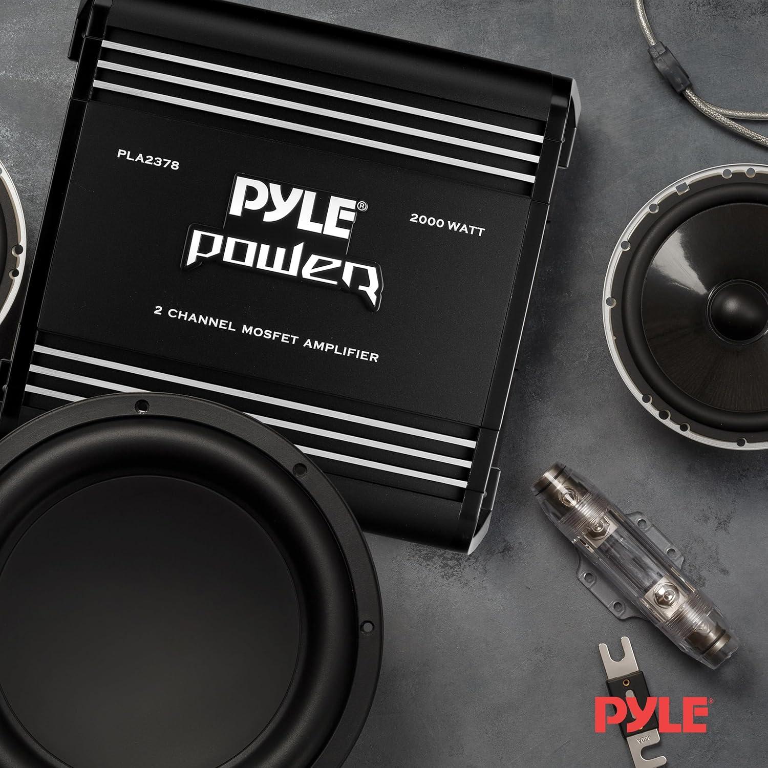 Pyle 2 Channel Car Stereo Amplifier - 2000W High Power Dual Channel Bridgeable Audio Sound Auto Small Speaker Amp Box w/ MOSFET, Crossover, Bass Boost Control, Silver Plated RCA Input Output-PLA2378