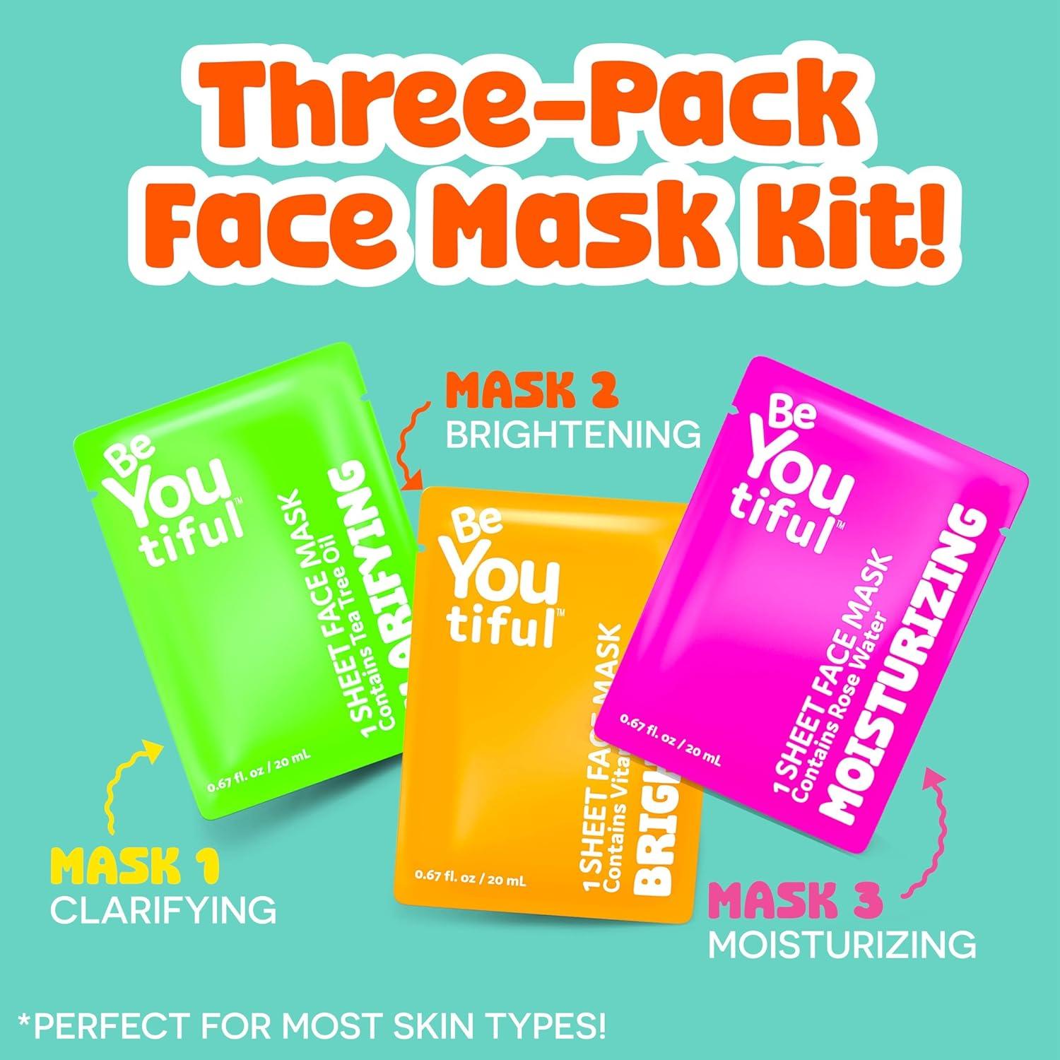 BeYoutiful Hydrating Face Mask Spa Set For Kids and Teens, Skin Care Facial Mask Set for All Skin Types and Ages, Boy and Girls, Box Includes 3 Masks