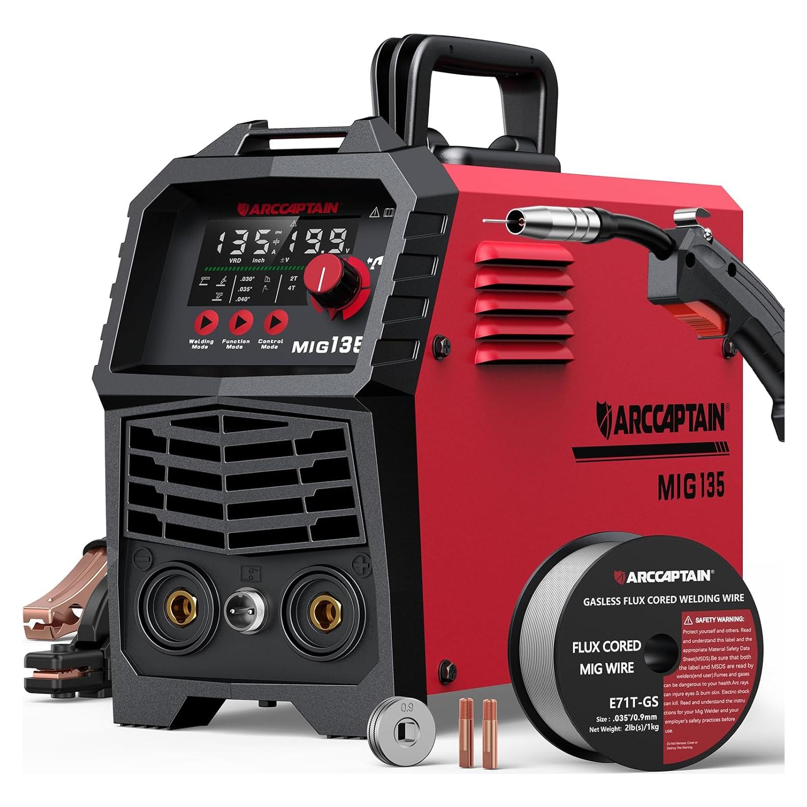 ARCCAPTAIN 135A MIG Welder, 2025 Newest [Large LED Display] 110V Welder Flux Core MIG, Lift TIG, Stick, 3 in 1 Welding Machine Gasless MIG Welder Machine 110V, IGBT Inverter Welder with Synergy, 2T/4T