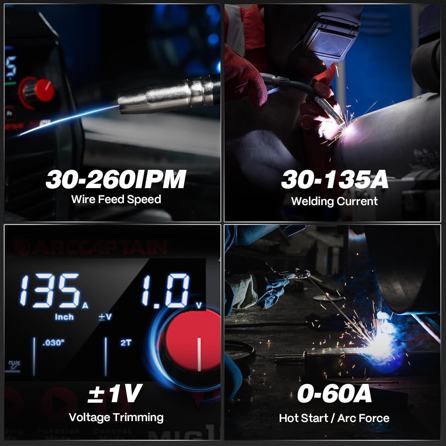ARCCAPTAIN 135A MIG Welder, 2025 Newest [Large LED Display] 110V Welder Flux Core MIG, Lift TIG, Stick, 3 in 1 Welding Machine Gasless MIG Welder Machine 110V, IGBT Inverter Welder with Synergy, 2T/4T
