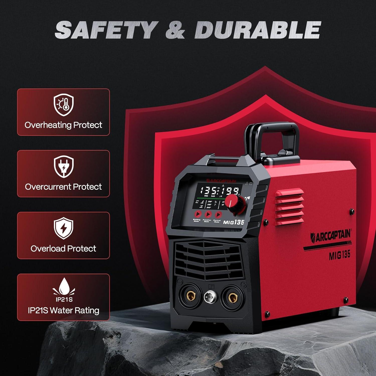 ARCCAPTAIN 135A MIG Welder, 2025 Newest [Large LED Display] 110V Welder Flux Core MIG, Lift TIG, Stick, 3 in 1 Welding Machine Gasless MIG Welder Machine 110V, IGBT Inverter Welder with Synergy, 2T/4T