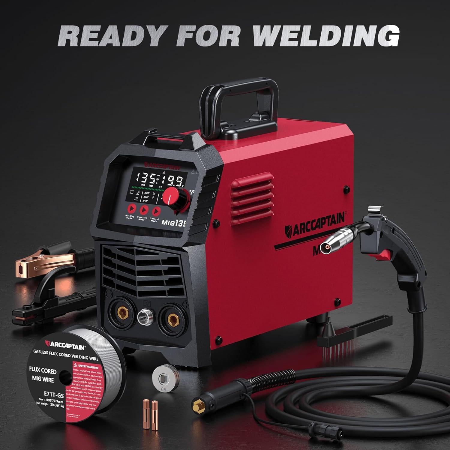 ARCCAPTAIN 135A MIG Welder, 2025 Newest [Large LED Display] 110V Welder Flux Core MIG, Lift TIG, Stick, 3 in 1 Welding Machine Gasless MIG Welder Machine 110V, IGBT Inverter Welder with Synergy, 2T/4T