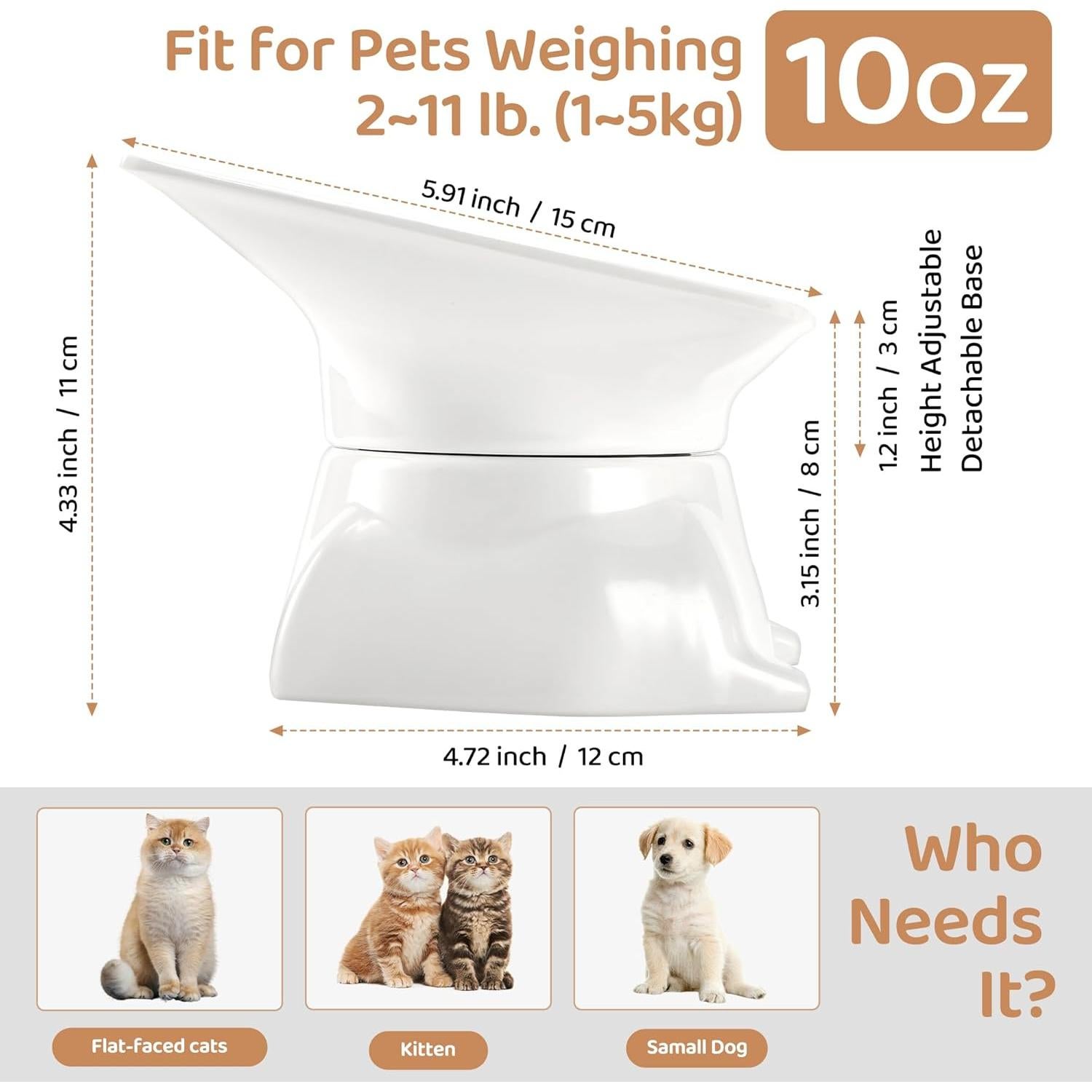 Tazón Elevado para Gatos DNOYEUS Antivómito 11.5x14x15cm Blanco