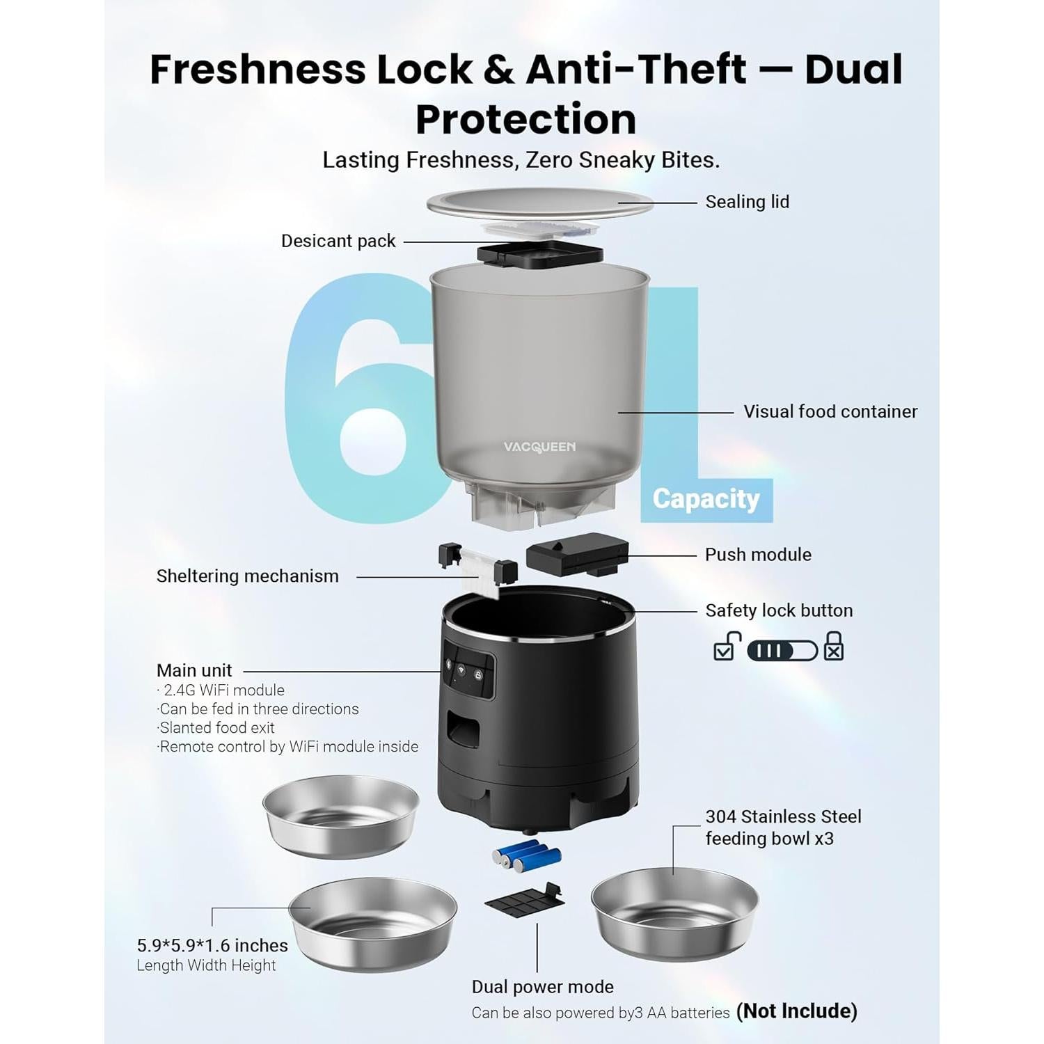 Comedero Automático Vacqueen 6L para Gatos y Perros Pequeños