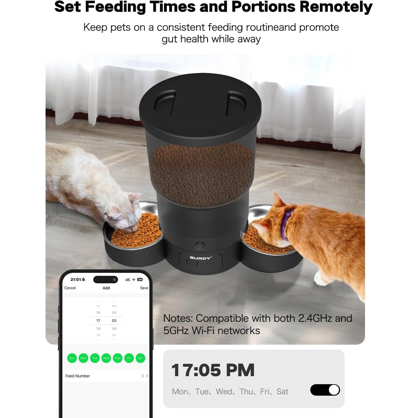 Comedero Automático para Gatos SURDY 5L WiFi Control APP Negro