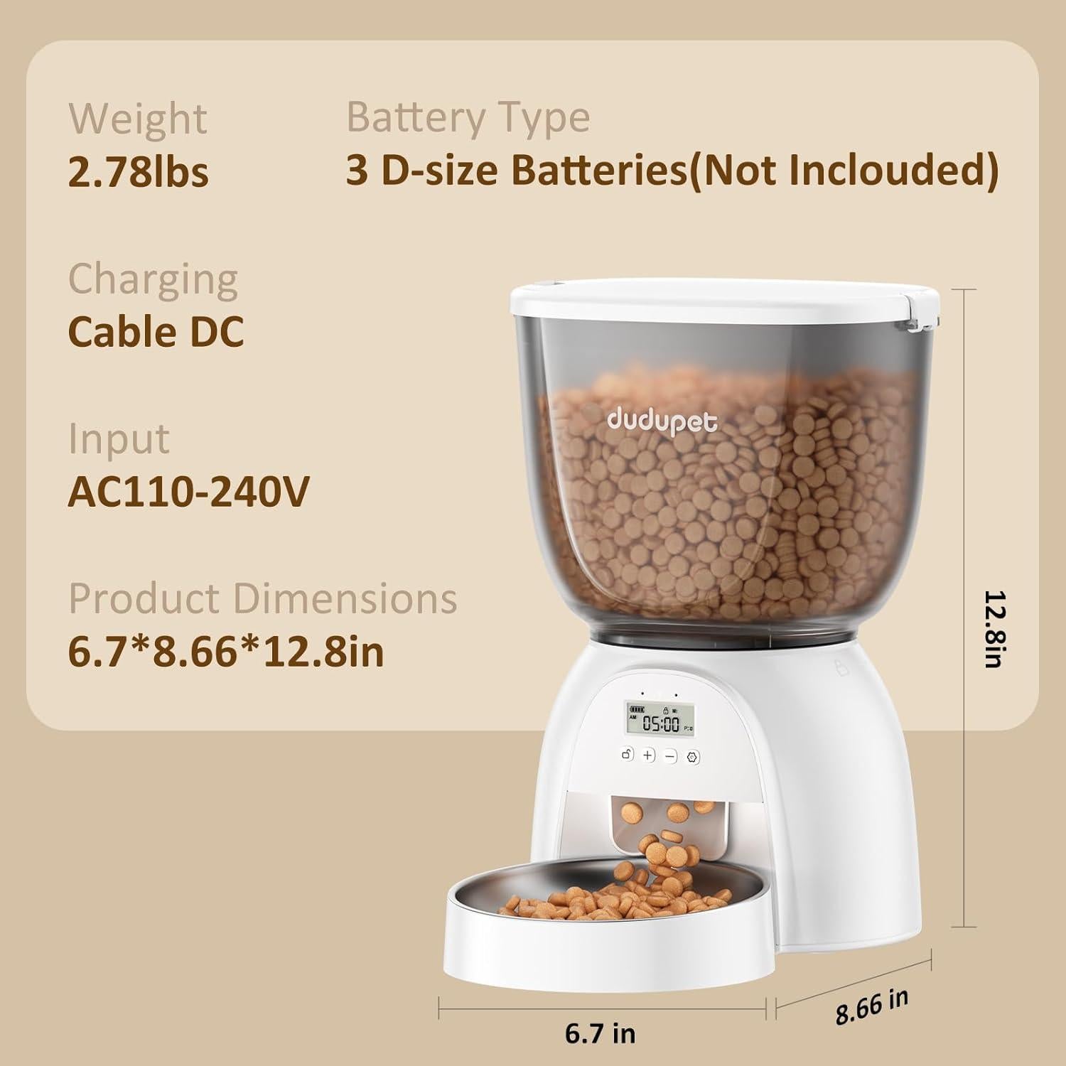 Dispensador Automático de Comida DUDUPET 5L para Gatos