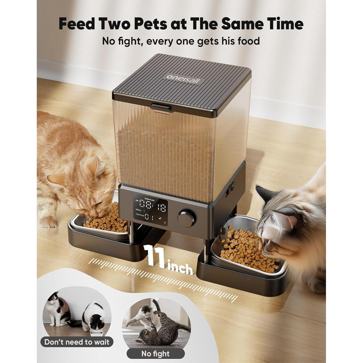 Comedero Automático para Gatos Oneisall 5L Doble Cuenco Acero Inoxidable