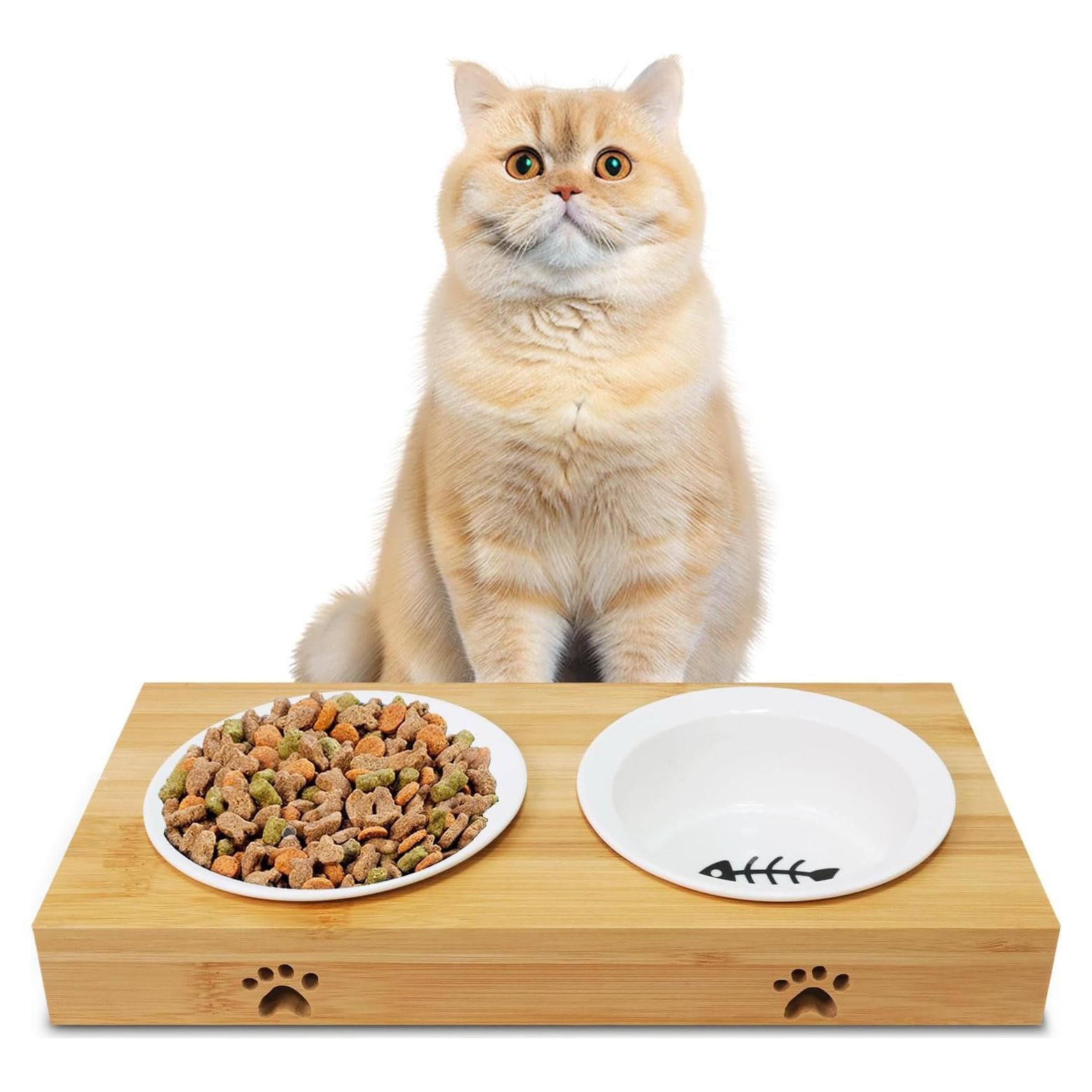 Comedero Elevado de Bambú Tekcoo para Gatos y Perros Pequeños