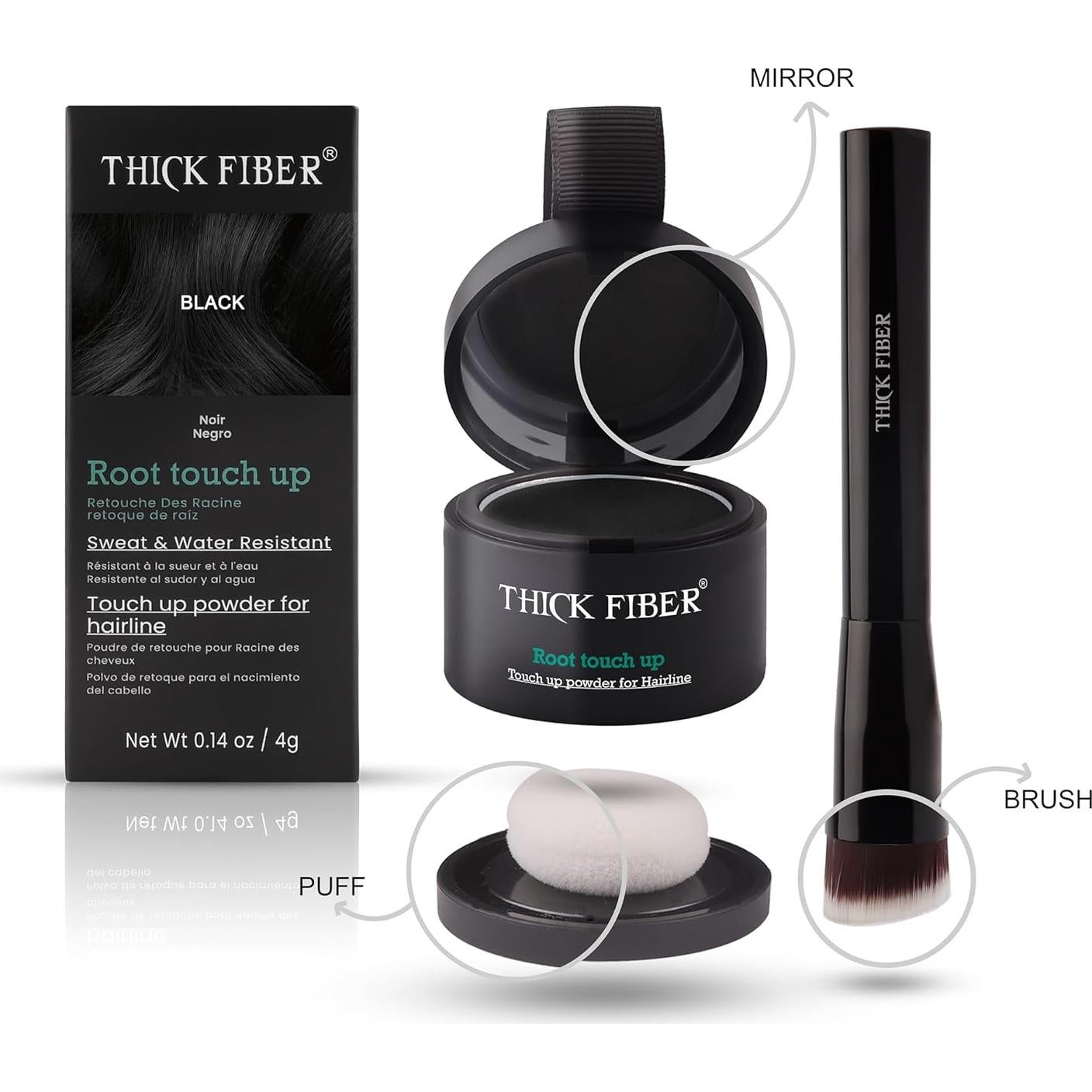Polvo Retoque Raíces THICK FIBER - Set Cabello Fino Negro