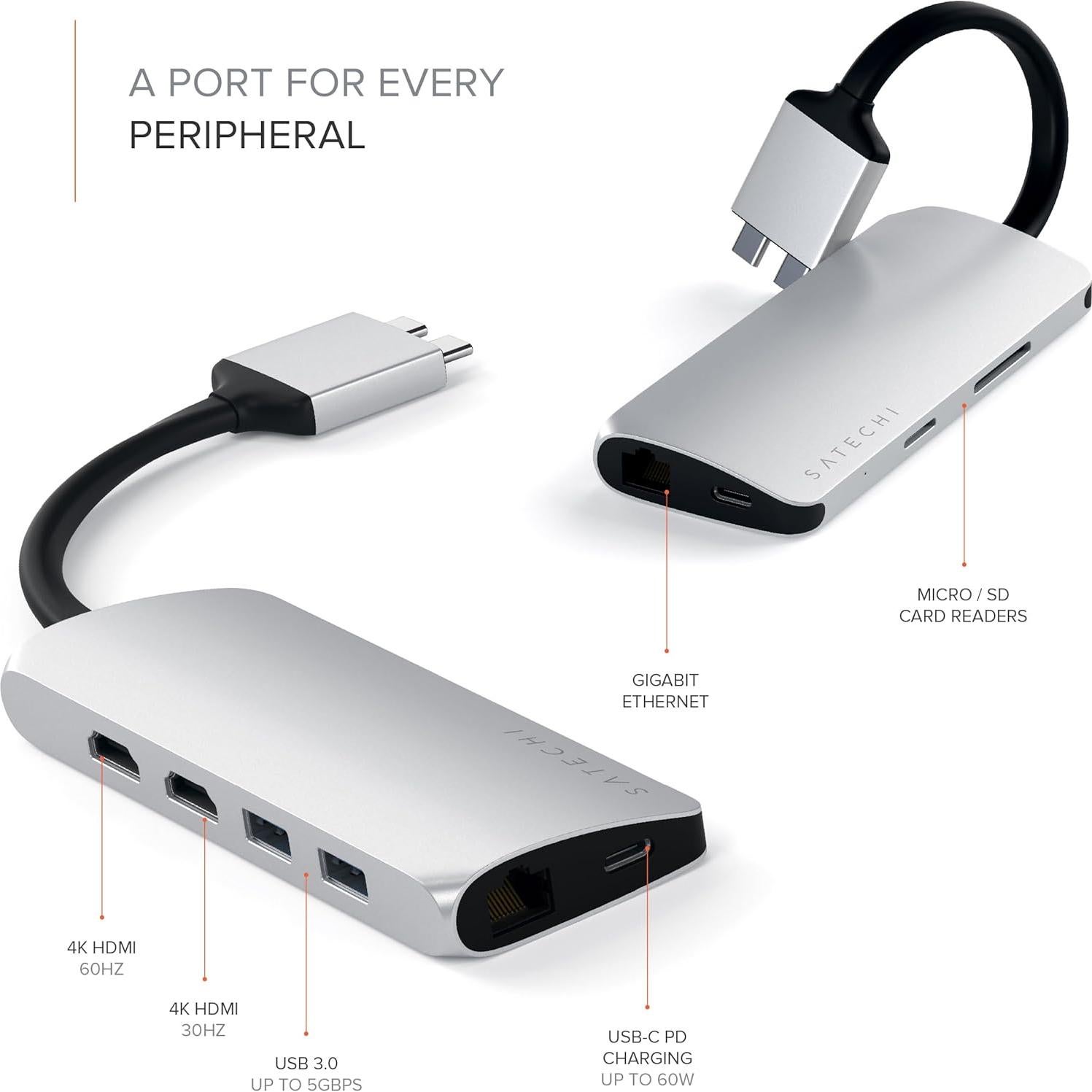Adaptador Multimedia Doble Type-C Satechi HDMI 4K USB-C Ethernet