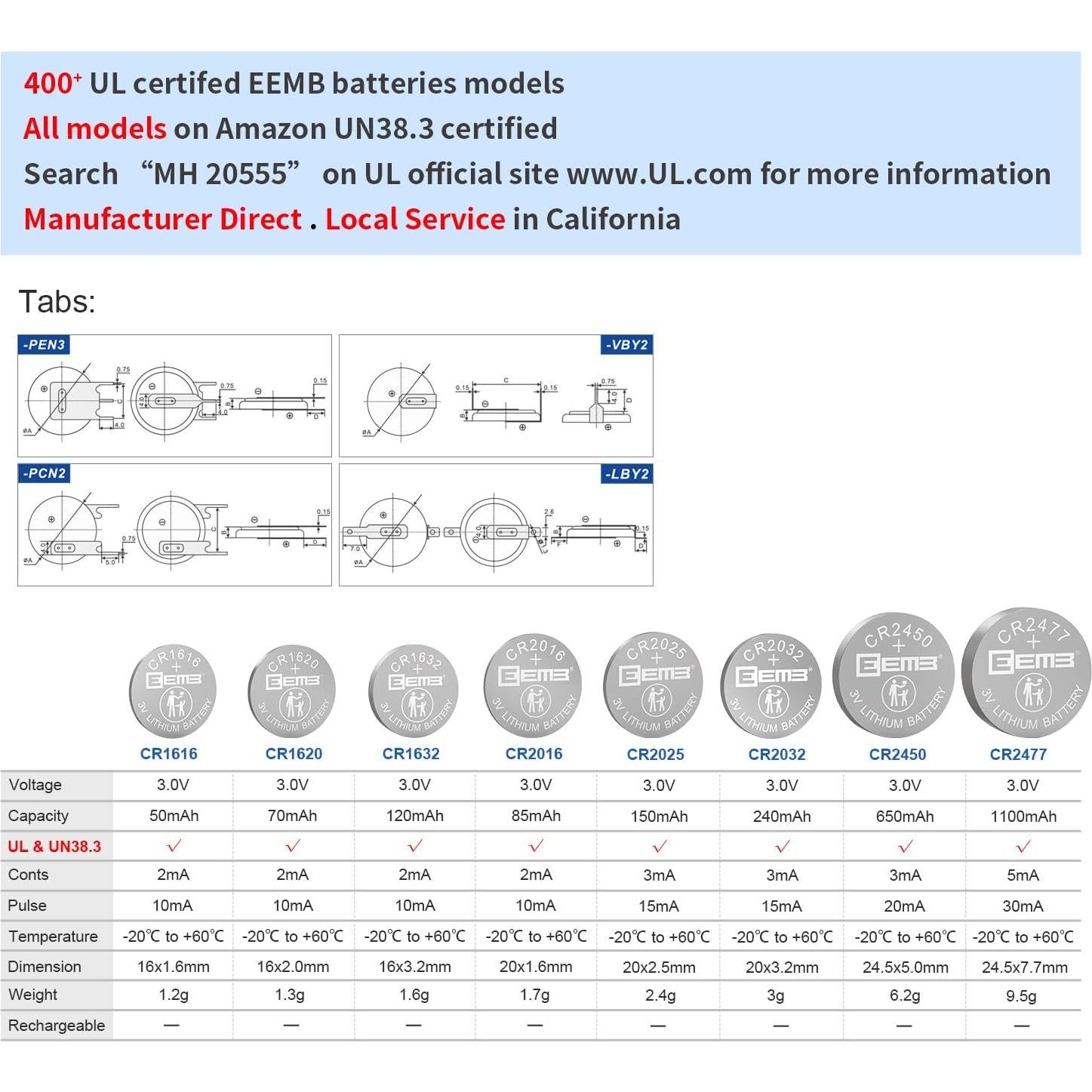 Baterías de Litio EEMB CR1620 Paquete de 5 Unidades 3V 70mAh