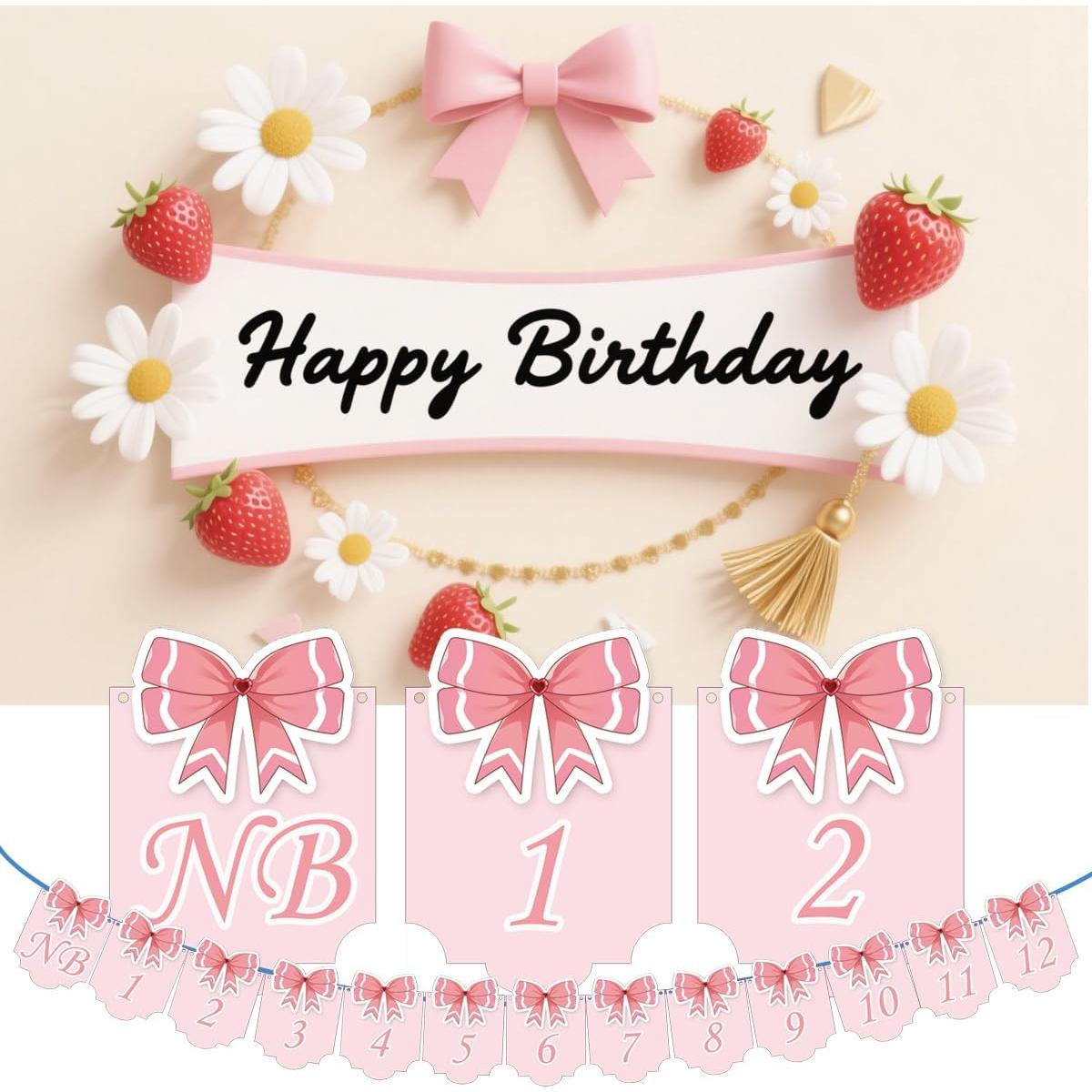 Banner Fotográfico 12 Meses Bebé Moño Rosa - Remerabel