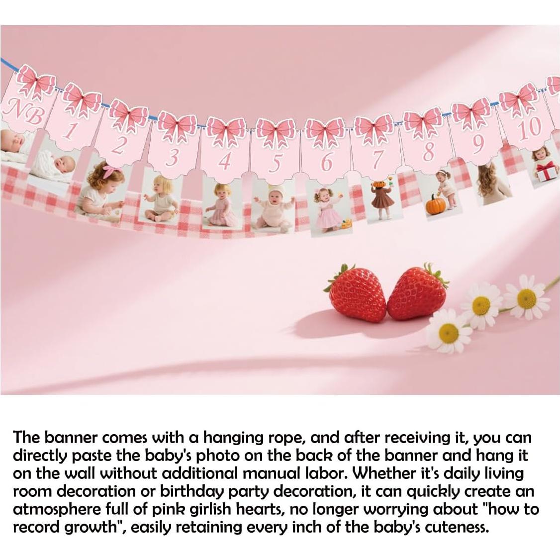 Banner Fotográfico 12 Meses Bebé Moño Rosa - Remerabel