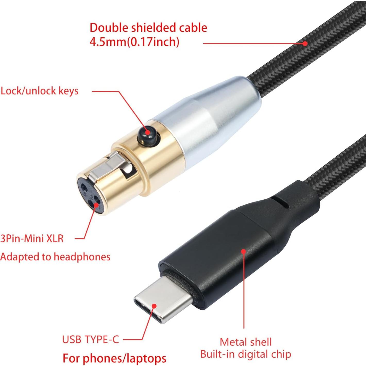 Cable de auriculares HUALEU USB C a XLR mini 3 pines 0.91m