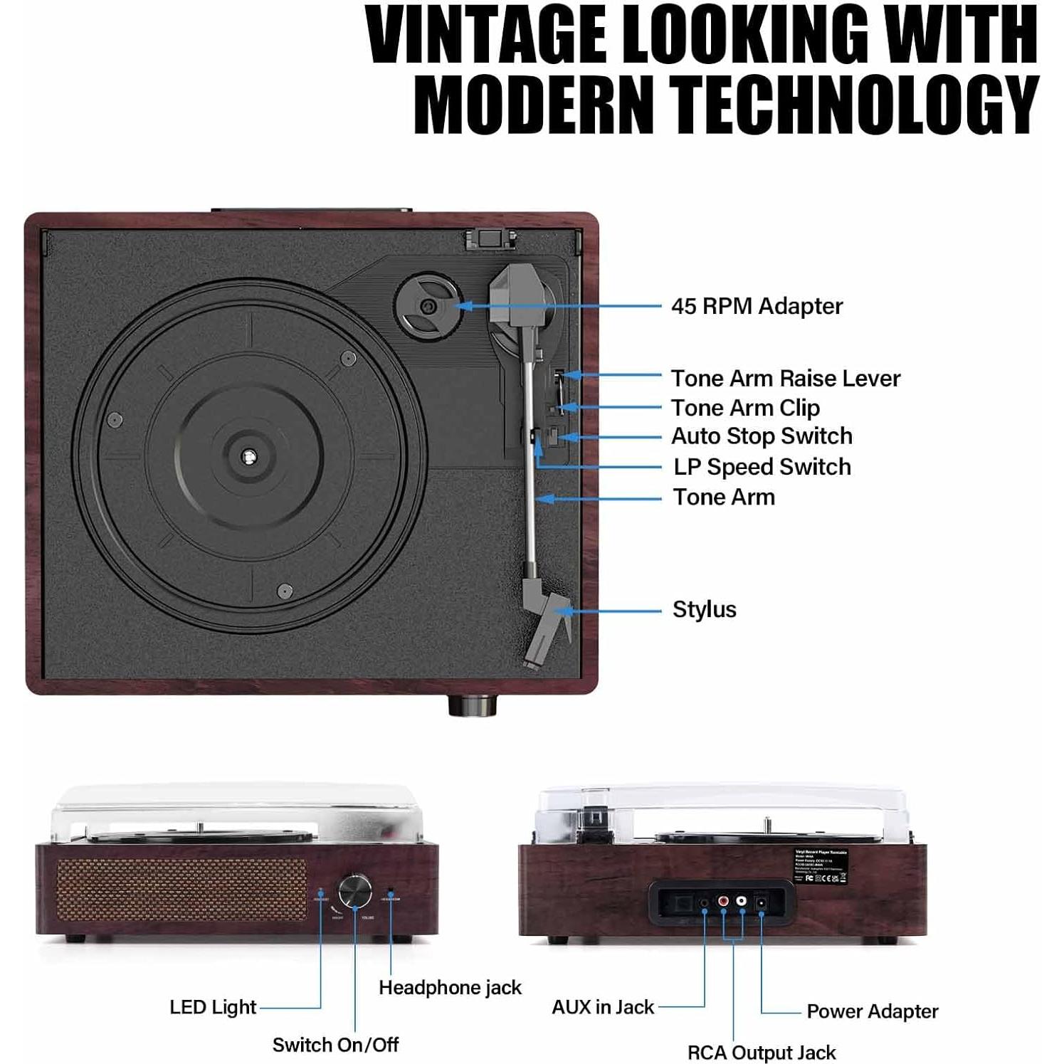 Reproductor de Vinilo Bluetooth Cotsoco M49 3 Velocidades 2 Altavoces