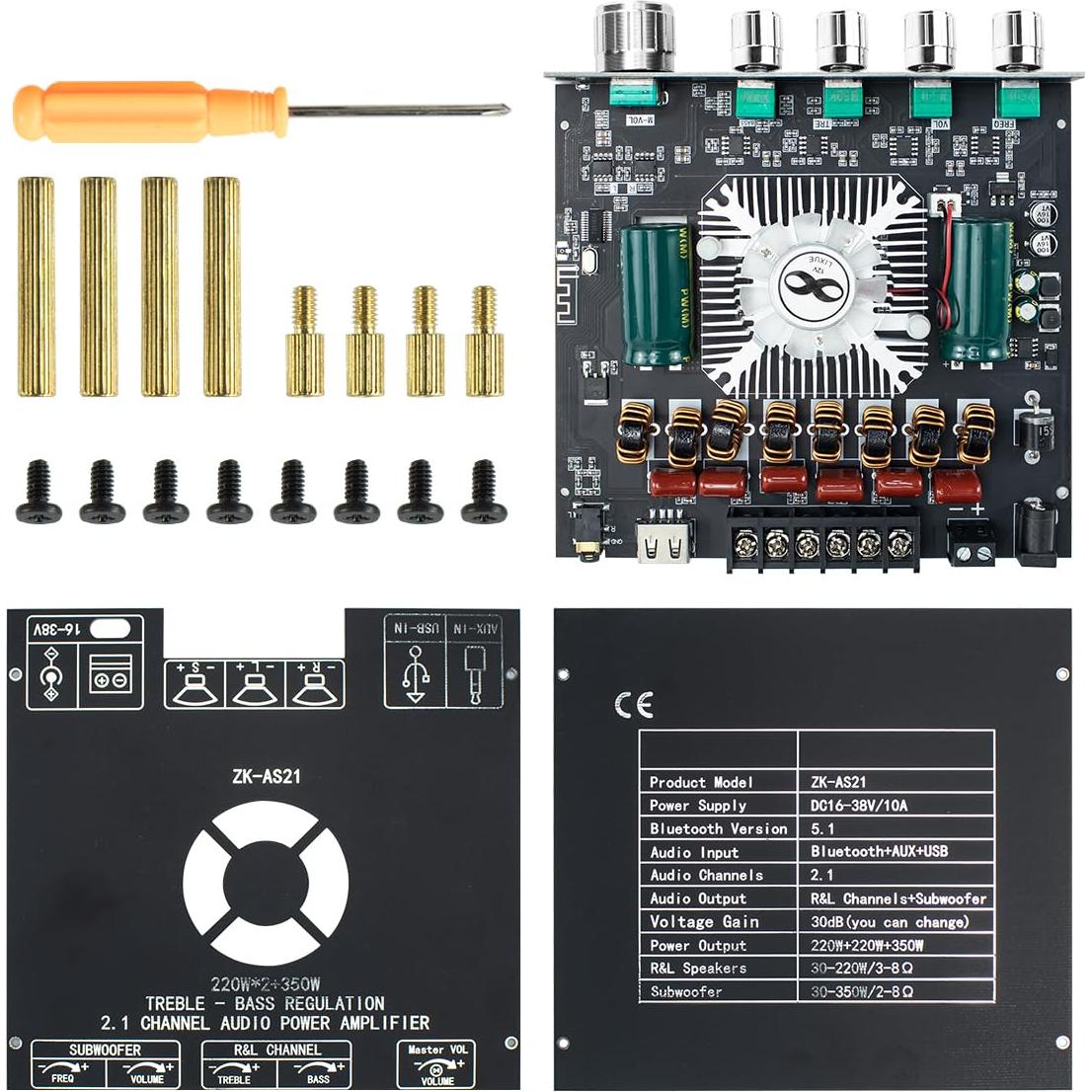 Amplificador de Potencia Bluetooth 5.1 ZK-AS21 2.1 Canales 220W+350W