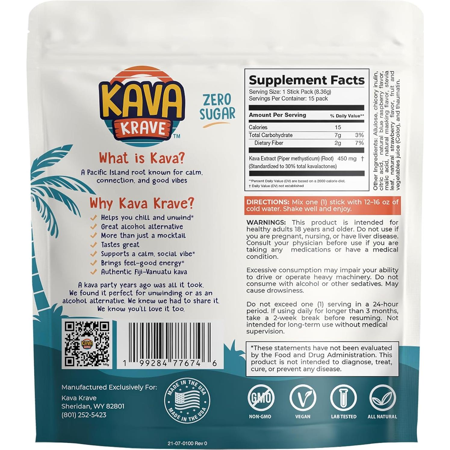 Mezcla de Bebida Kava Cítrica Kava Krave - 15 Paquetes Energía Natural