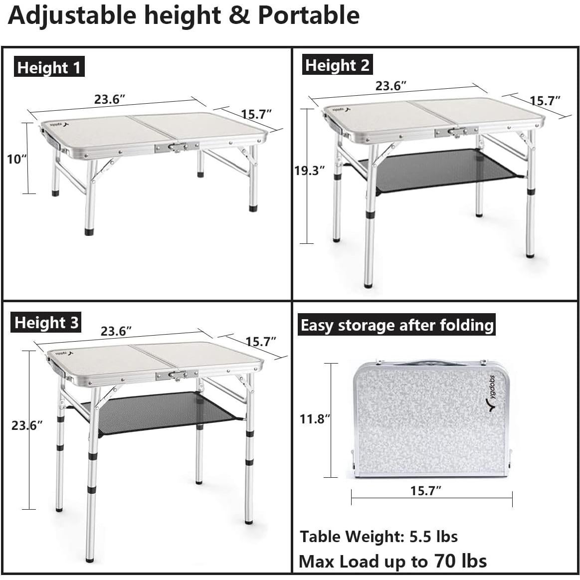 Portable Folding Table 24"x16" - Aluminum Small Picnic Camping Table Lightweight Side Table for Indoor Outdoor Garden Van Truck RV(3 Adjustable Heights 10"/19"/24")