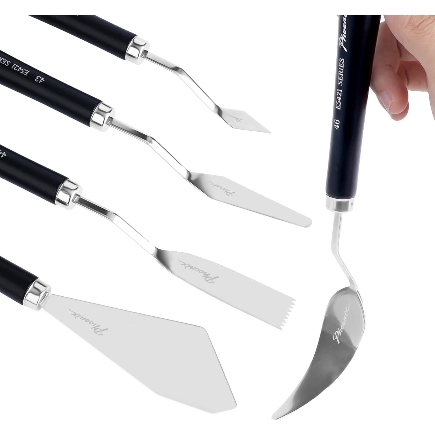 PHOENIX High Flexible Palette Knife Set, 5 Pieces Stainless Steel Painting Knives (31,43,44,46,51) Art Knife with Wood Handle, Paint Spatula for Oil Acrylic Paint - Painting Tools for Artists