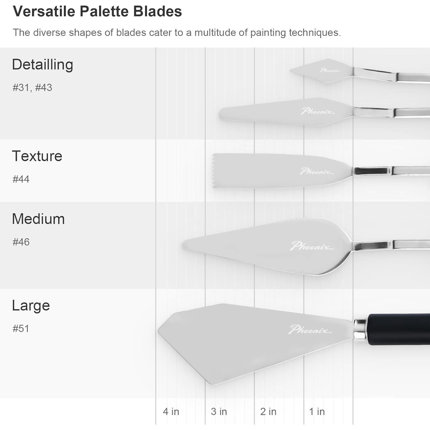 PHOENIX High Flexible Palette Knife Set, 5 Pieces Stainless Steel Painting Knives (31,43,44,46,51) Art Knife with Wood Handle, Paint Spatula for Oil Acrylic Paint - Painting Tools for Artists