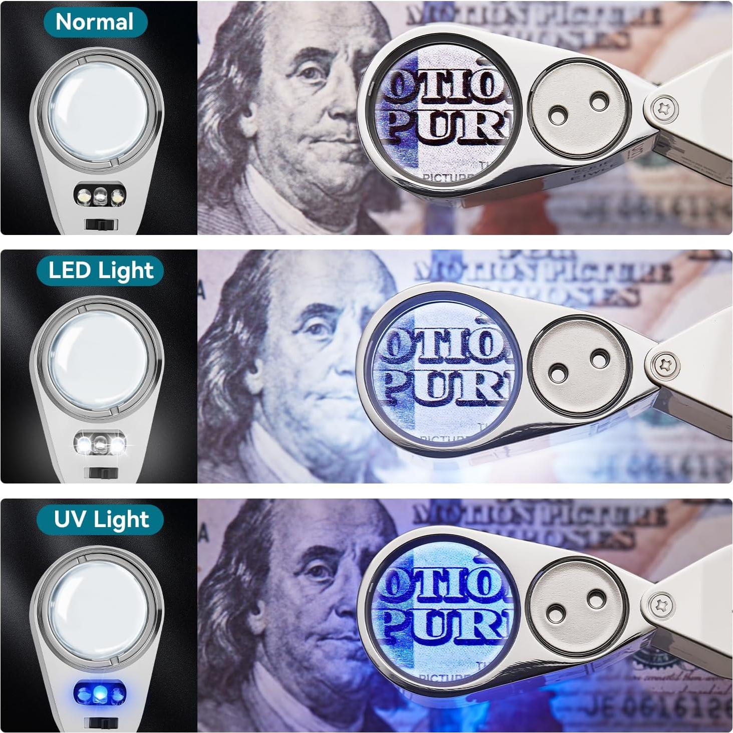 Lupa de Joyero JARLINK 40X con Luz LED y UV Plegable